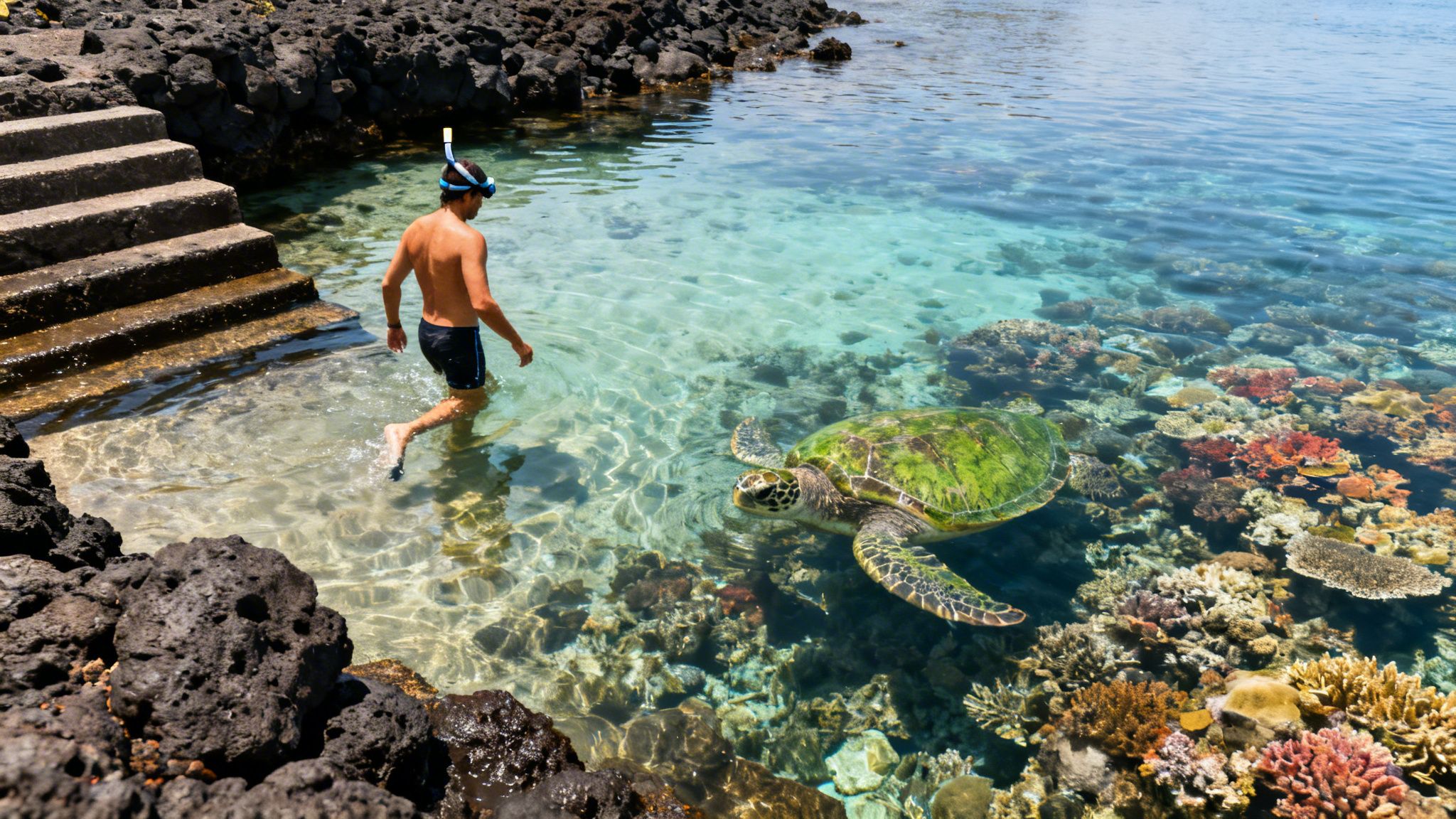 Snorkeler entering the ocean from stone steps, a large green sea turtle swims nearby vibrant coral.