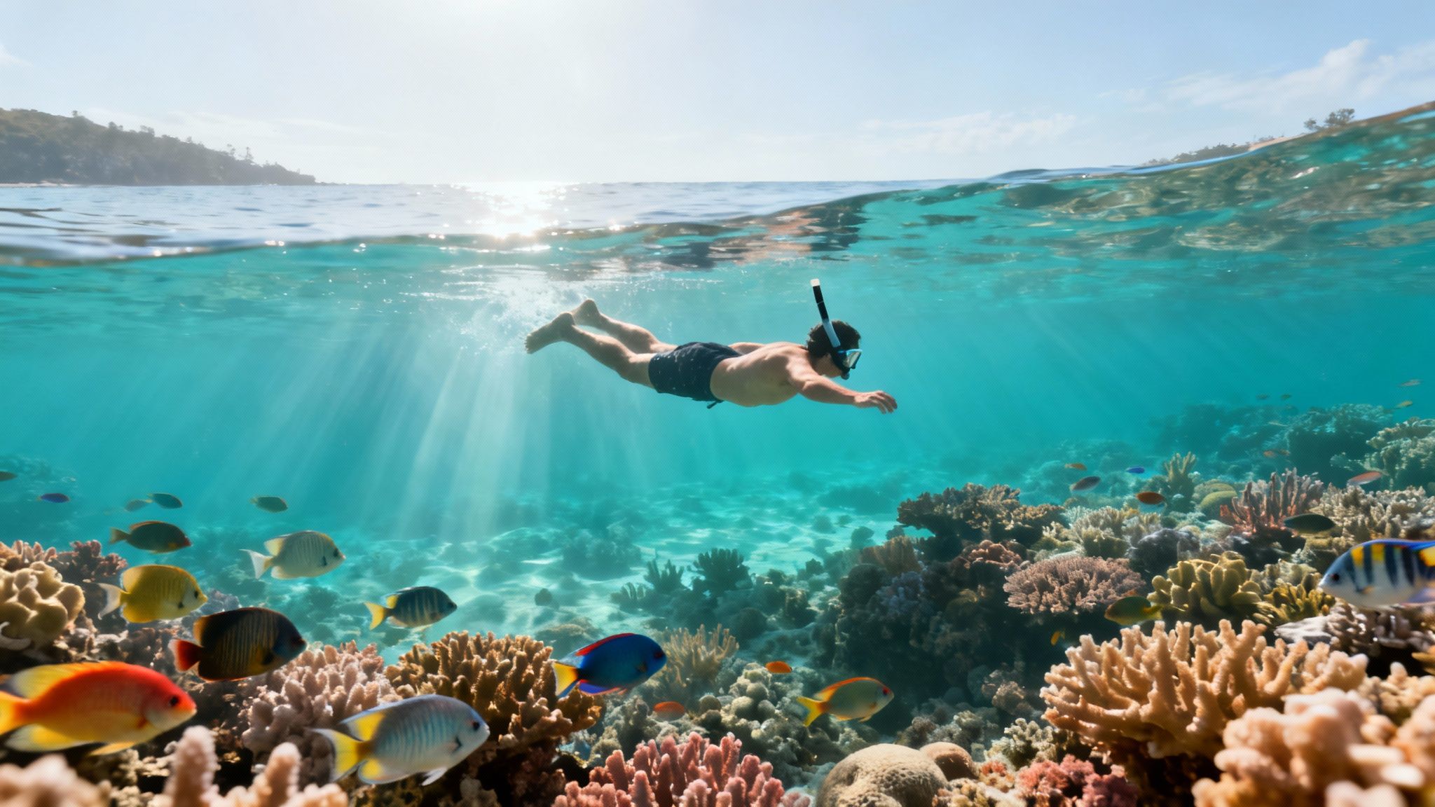 Half-underwater shot of a man snorkeling over a vibrant coral reef, tropical island above.
