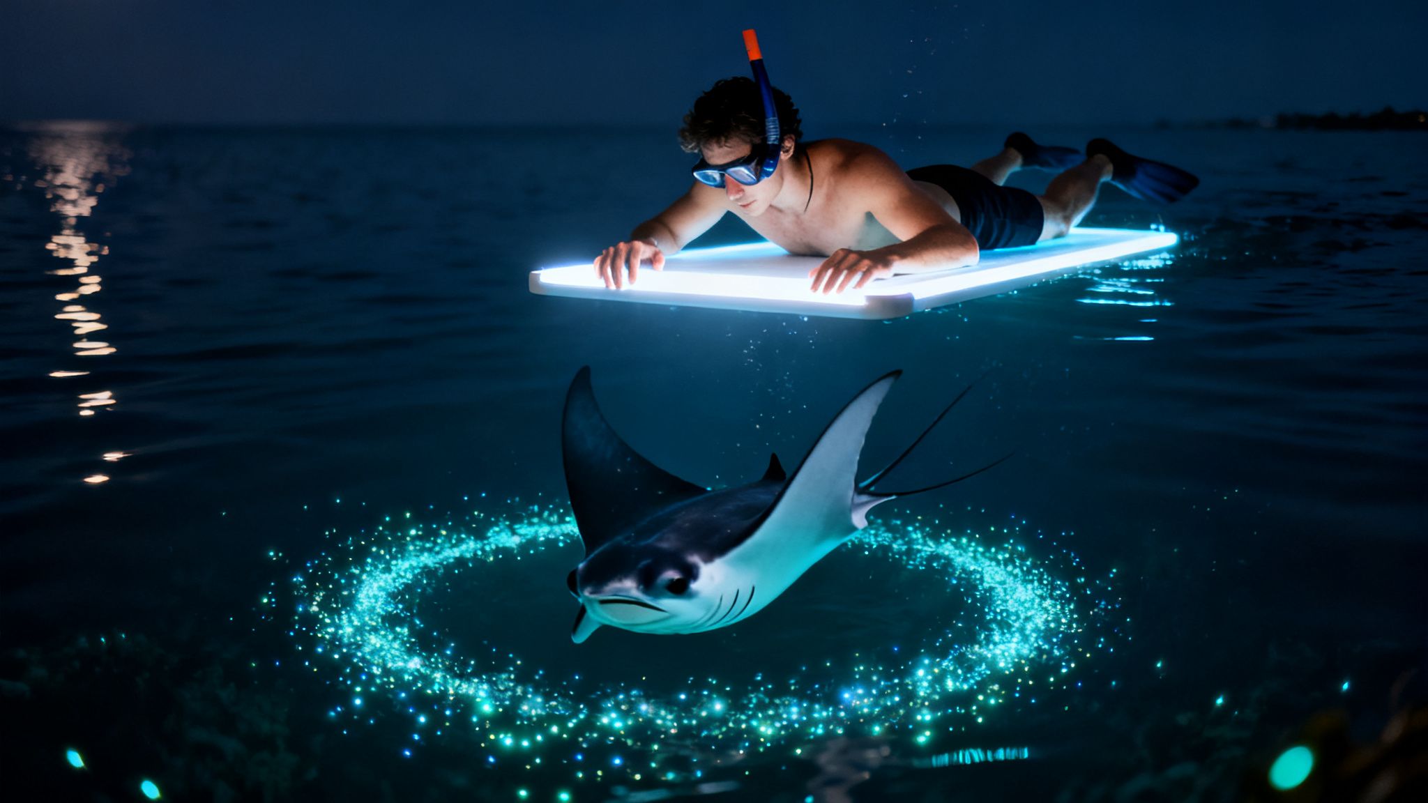 A person on a glowing board snorkels at night, observing a manta ray surrounded by glowing particles.