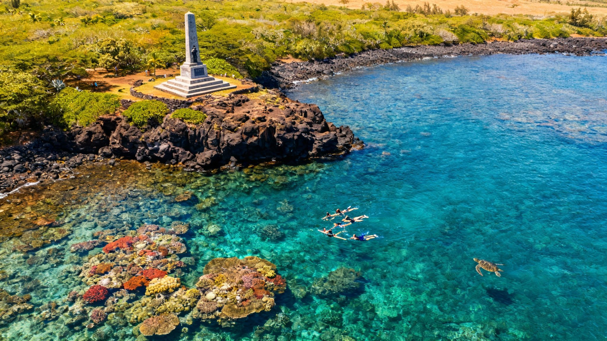Aerial view of a vibrant coral reef, clear turquoise ocean, snorkelers, and a sea turtle near a coastal monument.