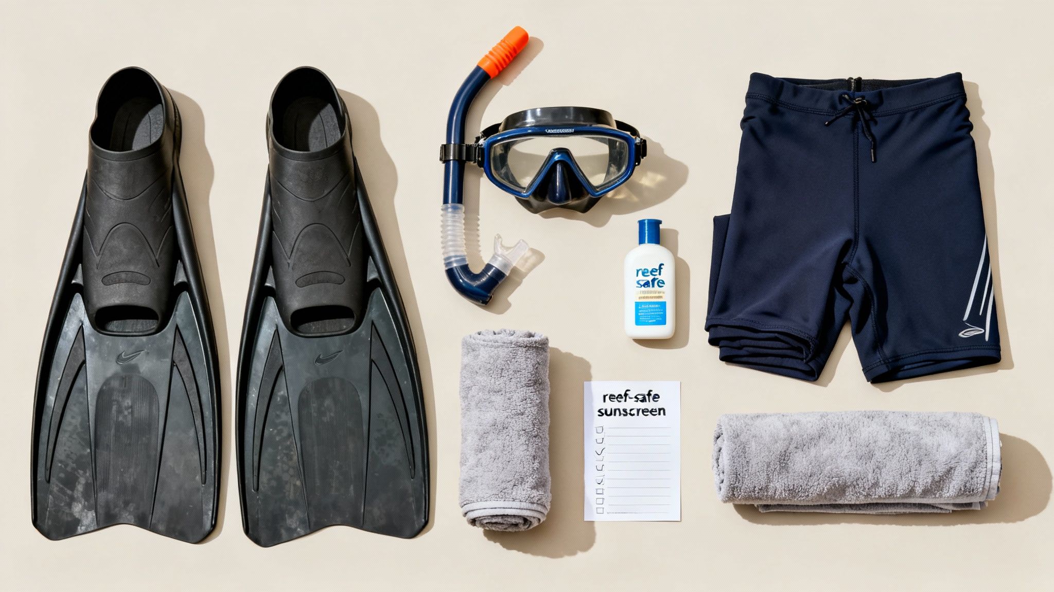 Flat lay of snorkeling gear with fins, mask, snorkel, reef-safe sunscreen, and swim shorts, ready for a trip.