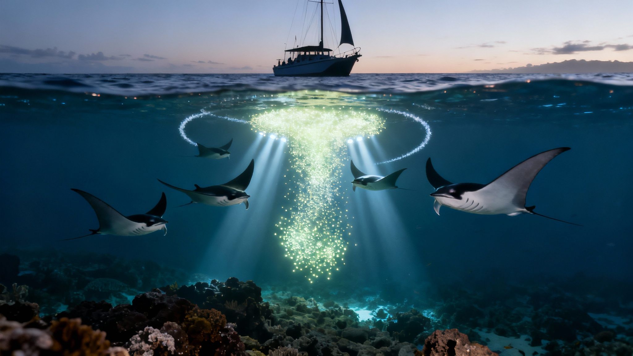 Manta rays feed on glowing plankton at night under a sailboat, in a split underwater and surface view.