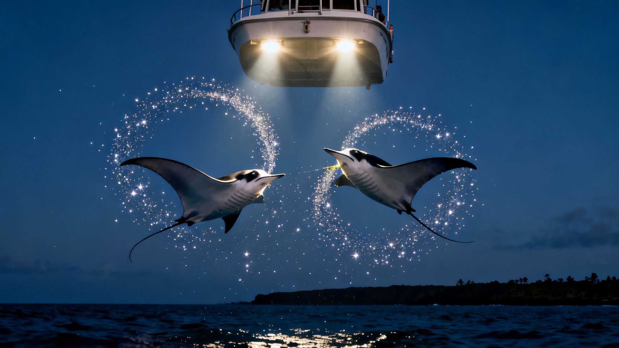 Two magnificent manta rays illuminated by boat lights, swimming at night with sparkling trails.