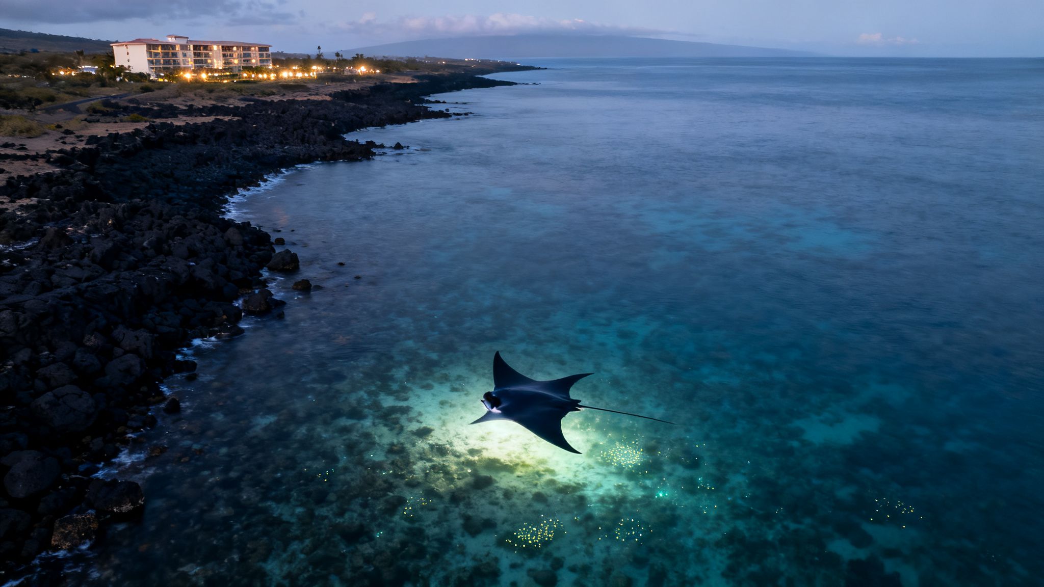 A majestic manta ray swims under a bright light at night near a volcanic coastline with a lit hotel.