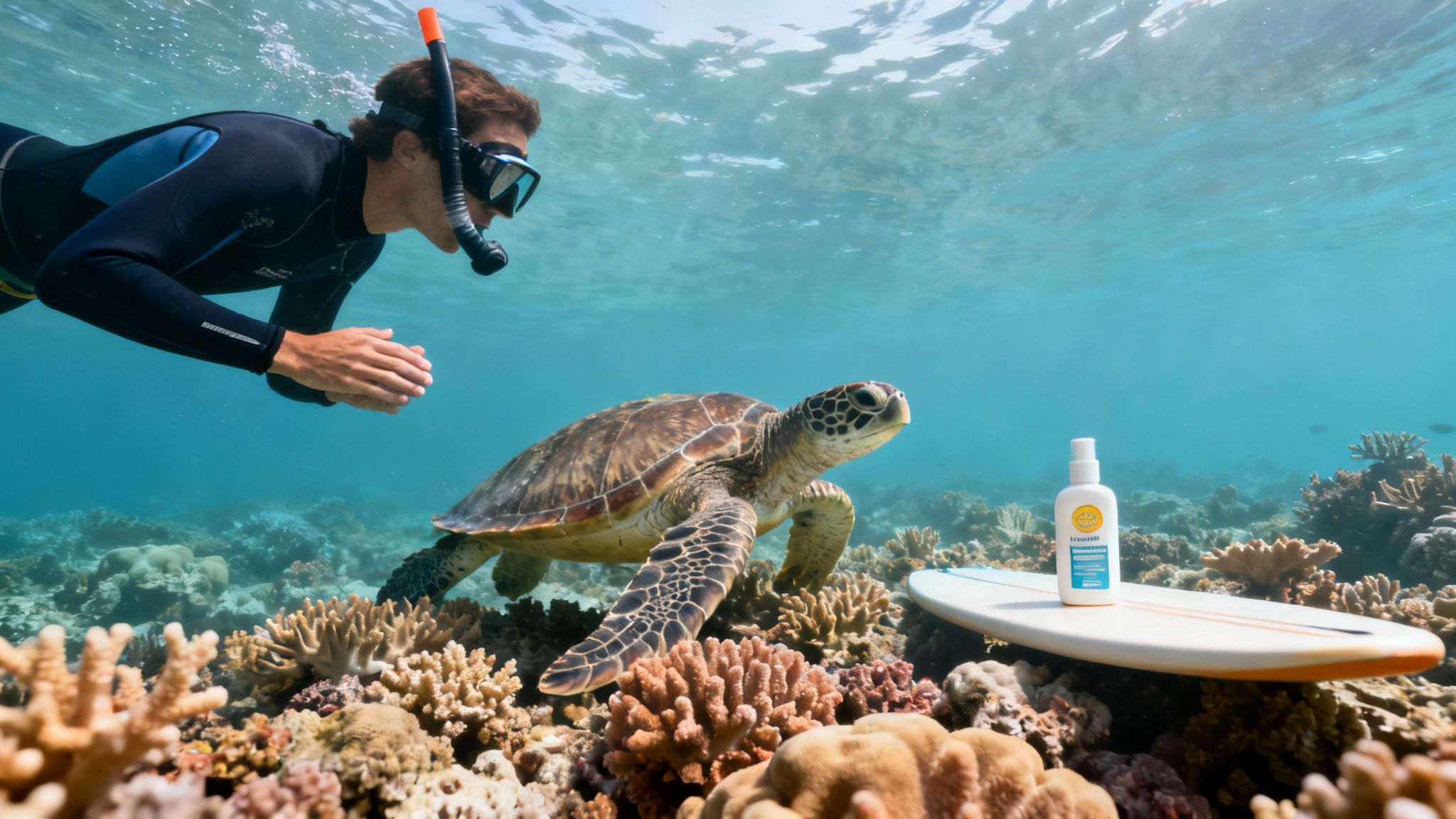 A snorkeler in a wetsuit observes a green sea turtle swimming over a vibrant coral reef, with sunscreen on a surfboard.