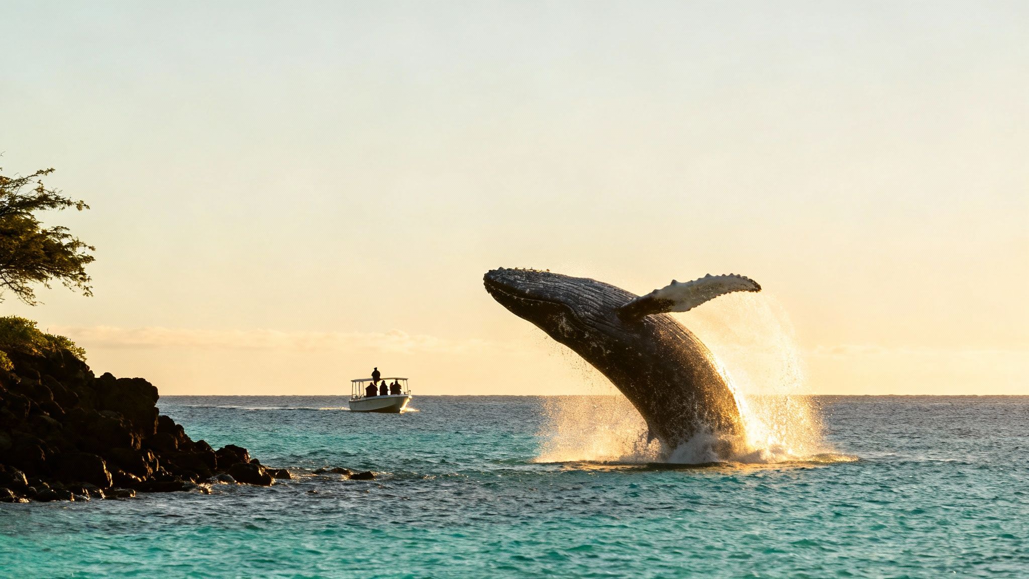Humpback whale breaching near tourist boat during sunset whale watching tour in Kailua Kona Hawaii