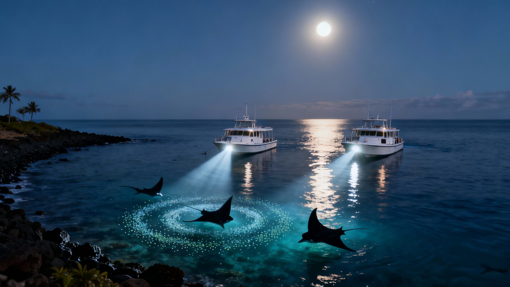 Two snorkelers watching a large manta ray swim just beneath them at night