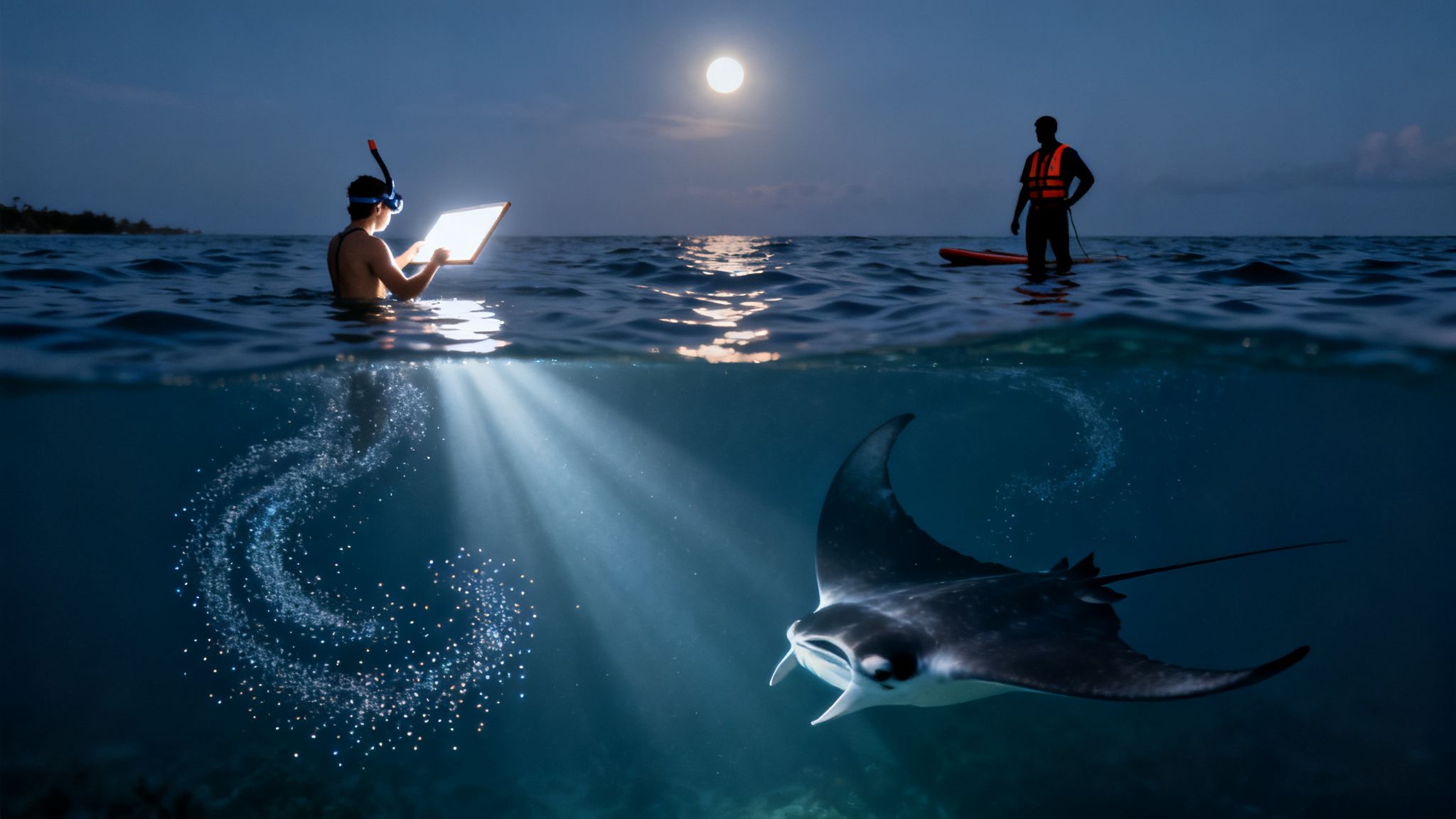 Night snorkeling with a glowing device attracting a large manta ray underwater, under a full moon.