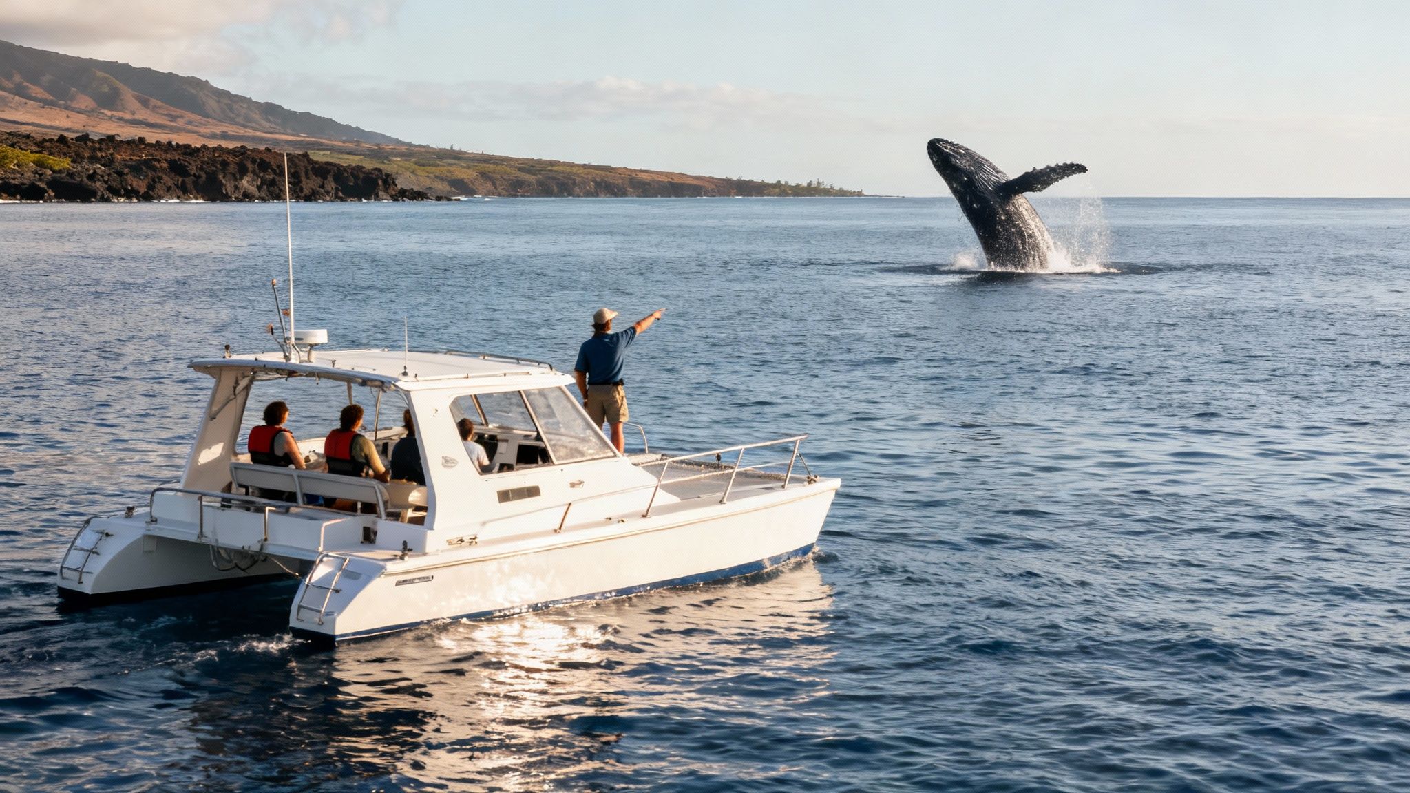 Tourists on a catamaran watch a magnificent humpback whale breaching out of the ocean, splashing water.