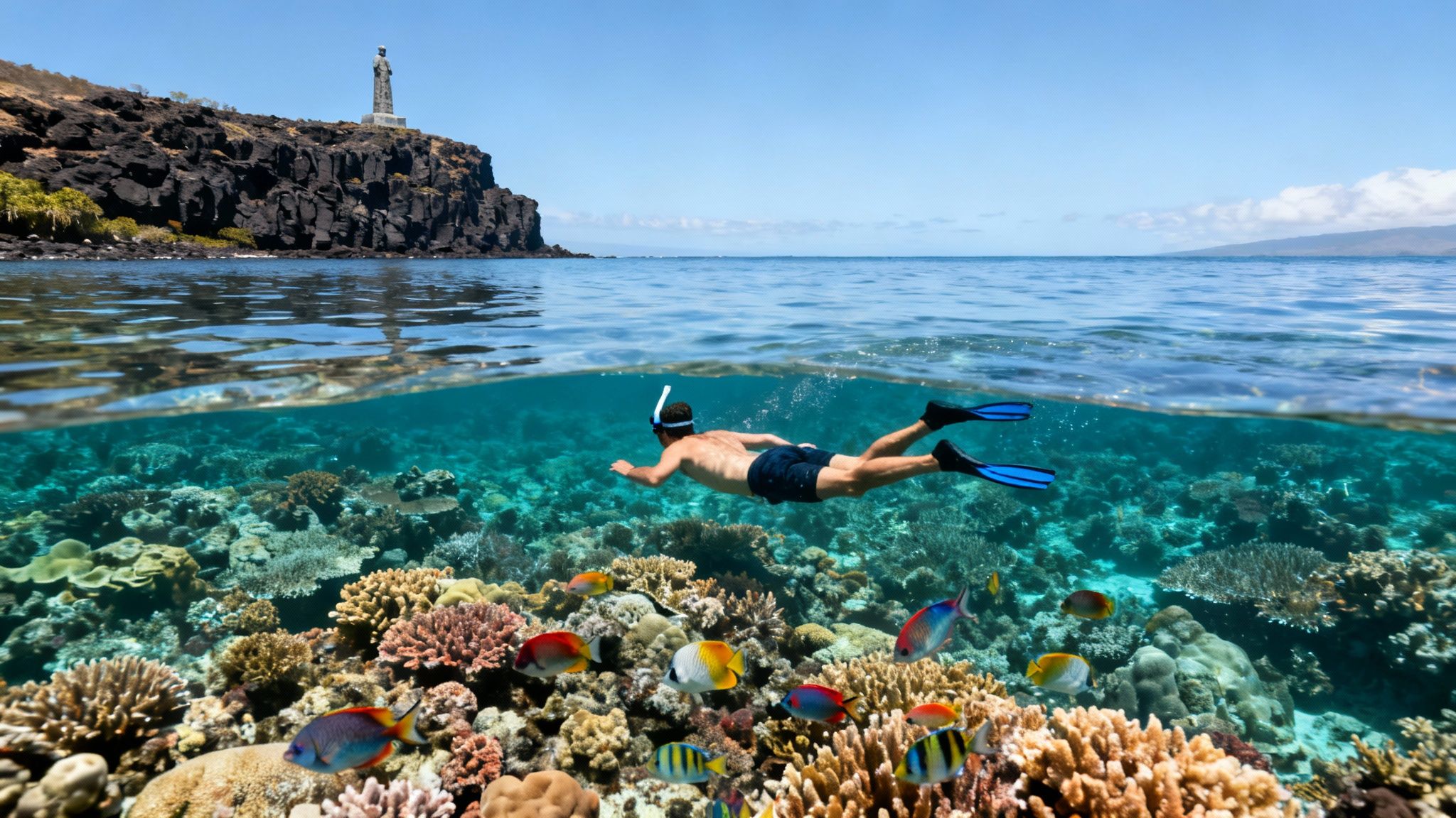 Split image of a man snorkeling above a vibrant coral reef with fish near a tropical island.