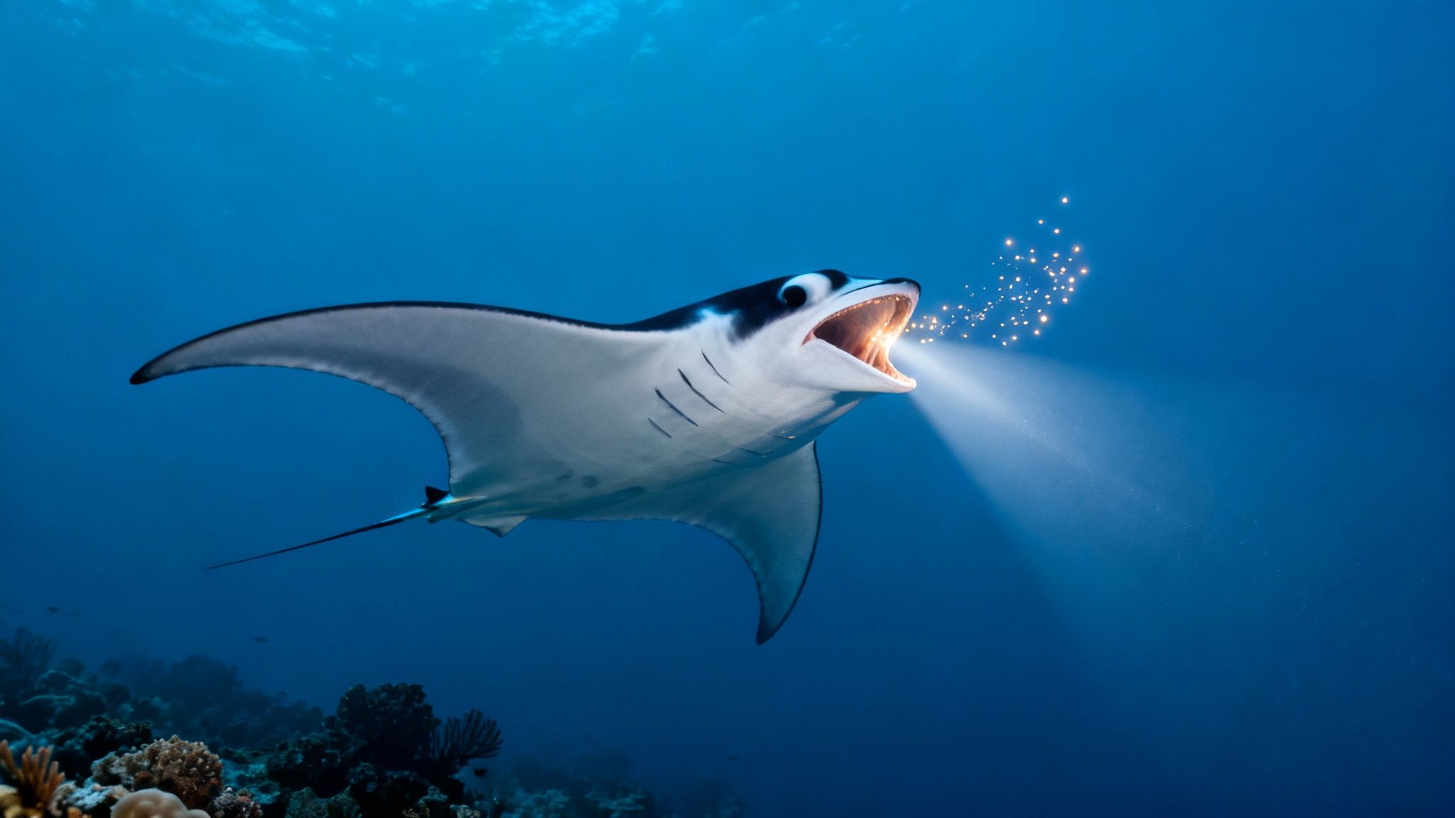A magical manta ray with an open mouth emits light and sparkling particles underwater.