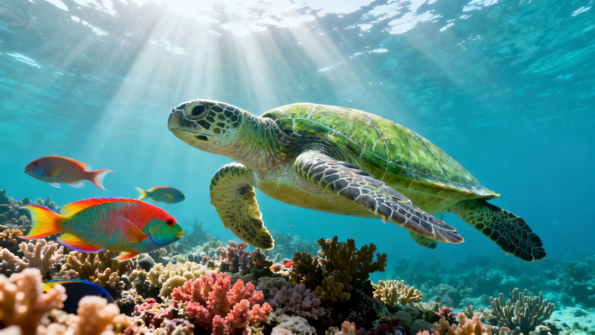 A green sea turtle swims over a vibrant coral reef with colorful fish under sunlit blue water.