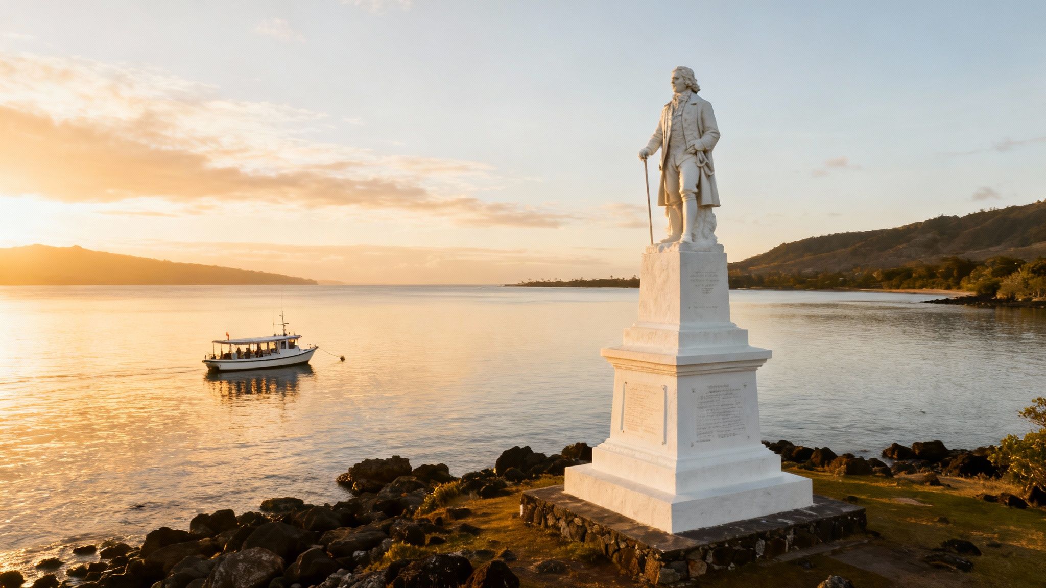 White statue of Captain Cook overlooking a calm bay with a boat at sunset, with golden light.