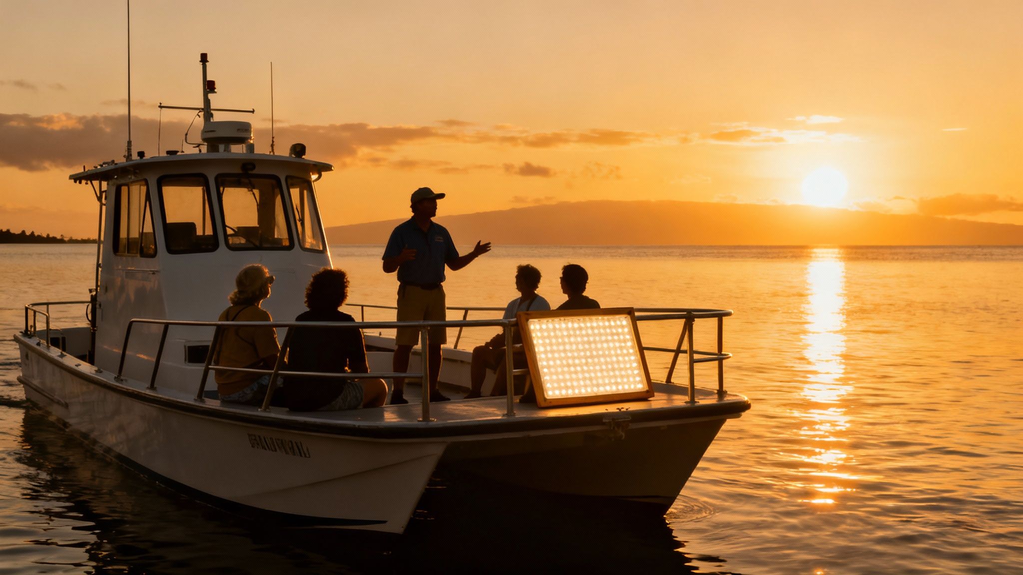 A guide talks to a small group on a boat during a golden sunset over the ocean, with a bright light panel on deck.