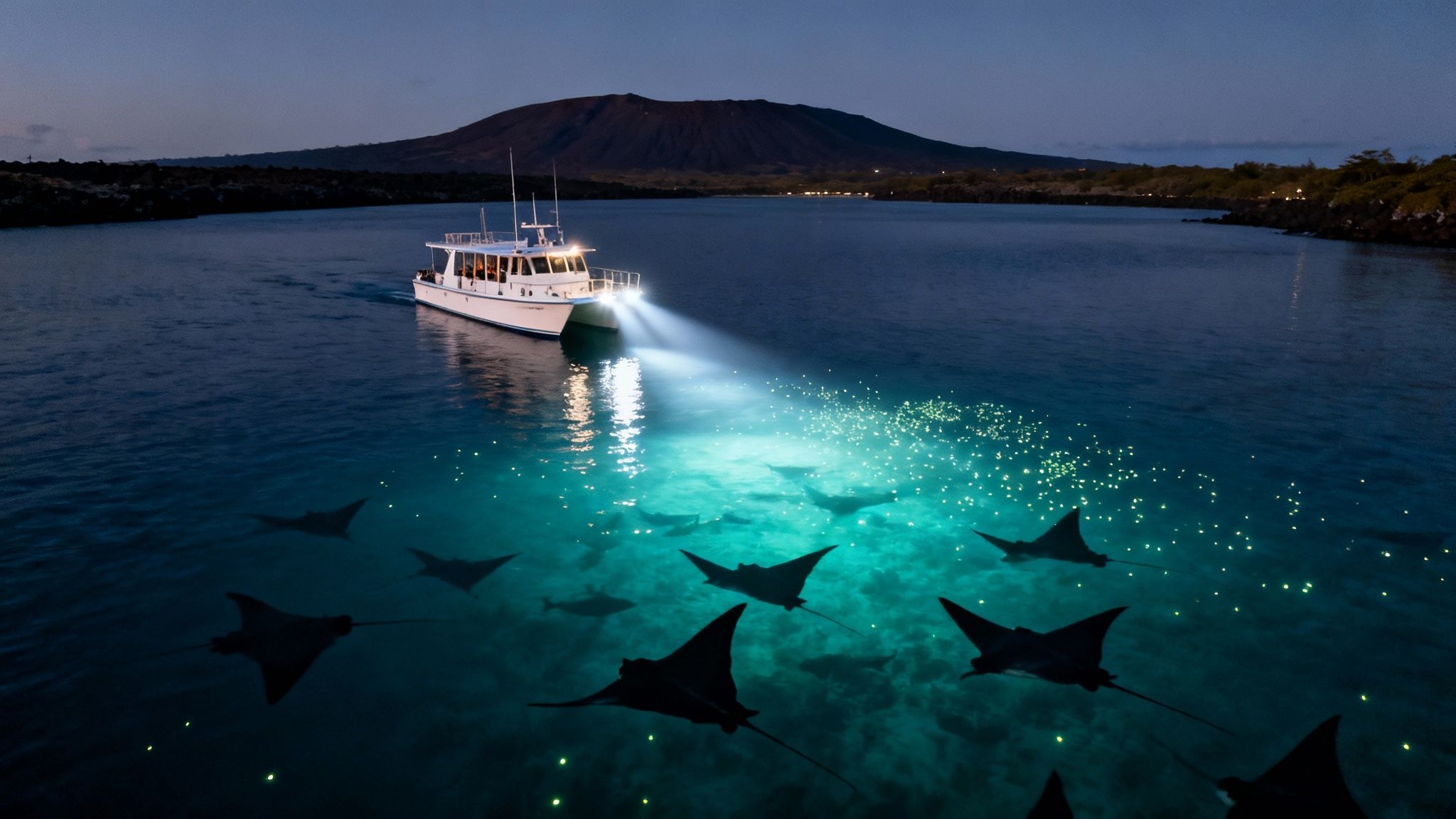 Manta rays gather under a boat's spotlight at night, with a distant volcanic island.