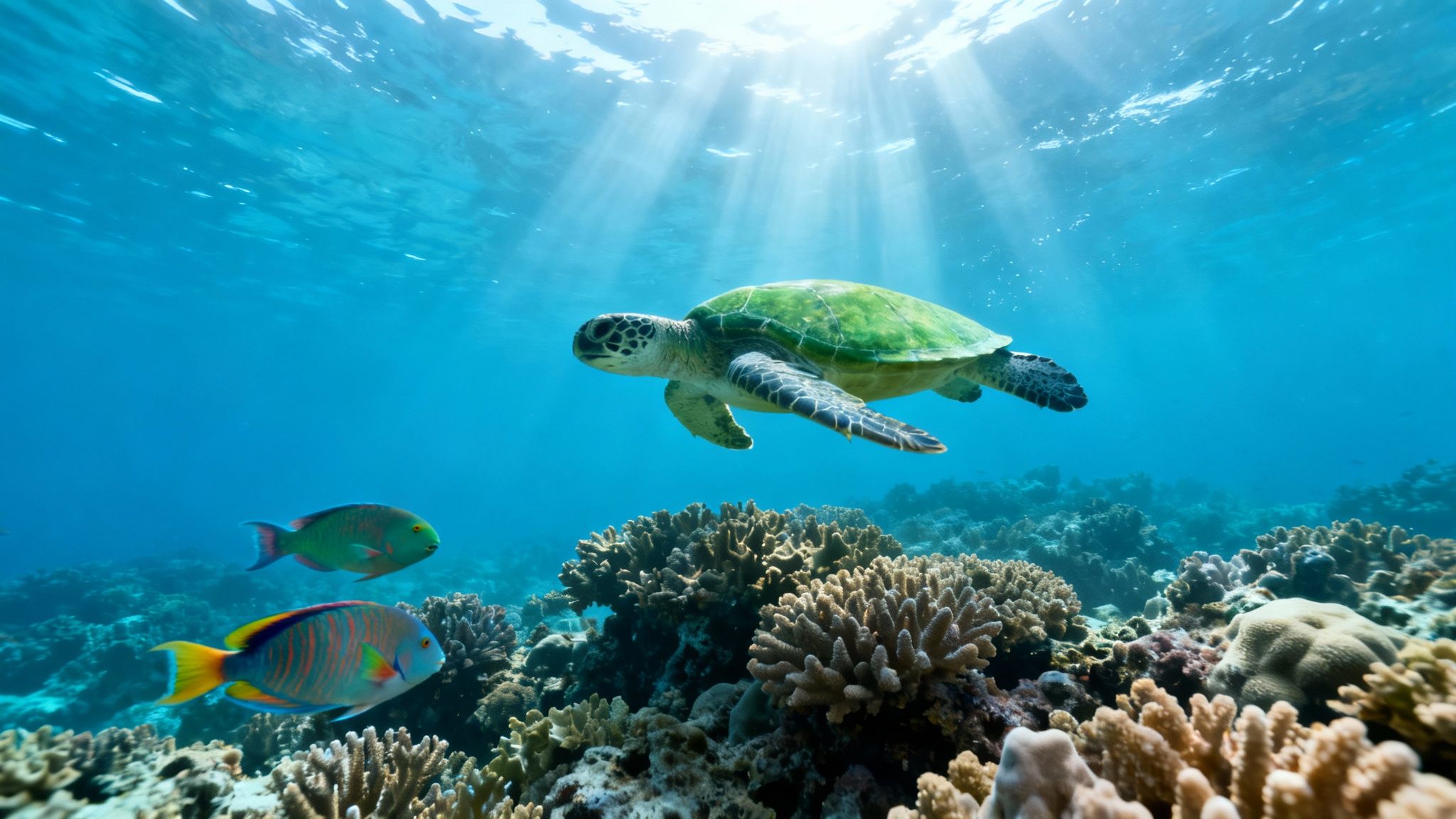 A majestic green sea turtle swims gracefully over a vibrant coral reef, with two colorful fish and sun rays.