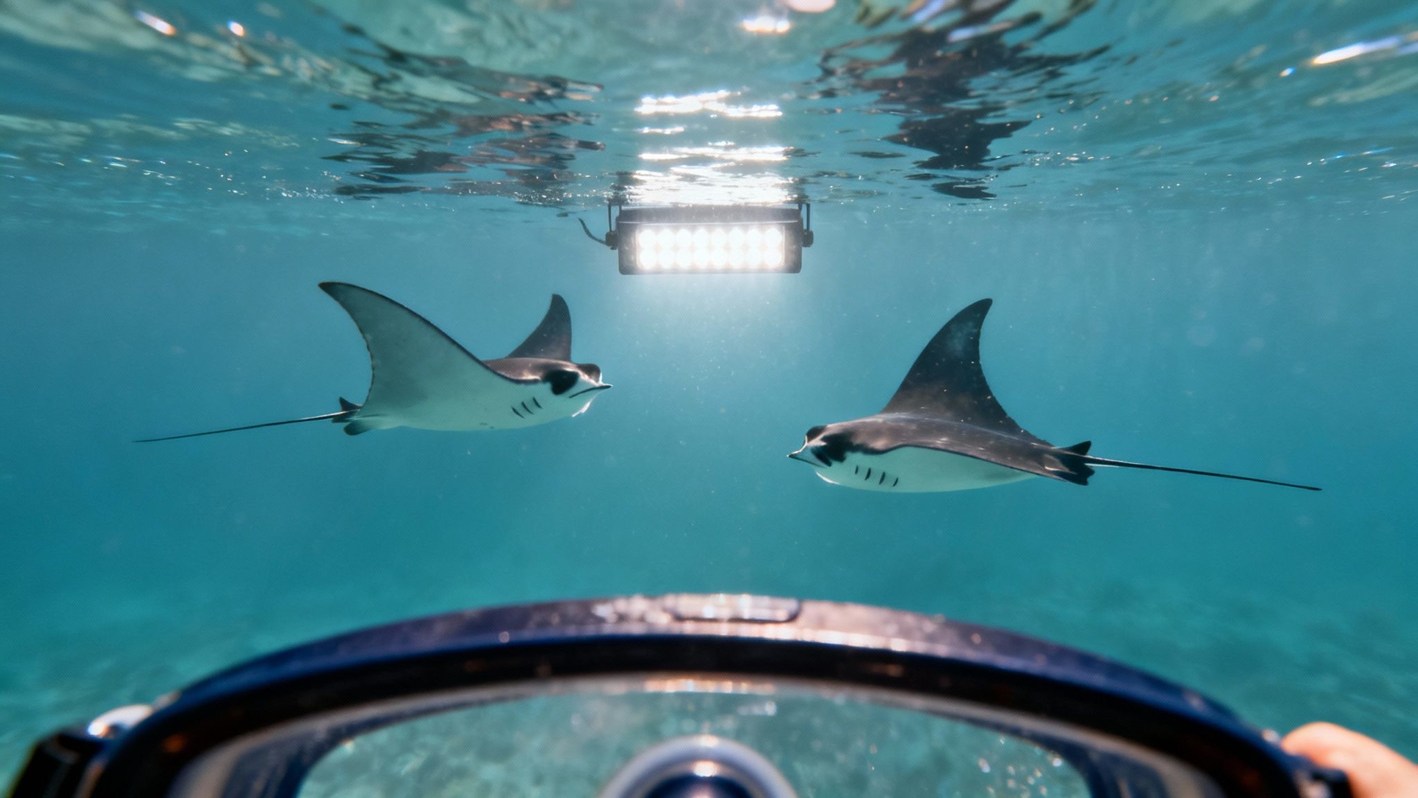 Two majestic manta rays swim underwater towards a bright light, viewed through a diver's mask.