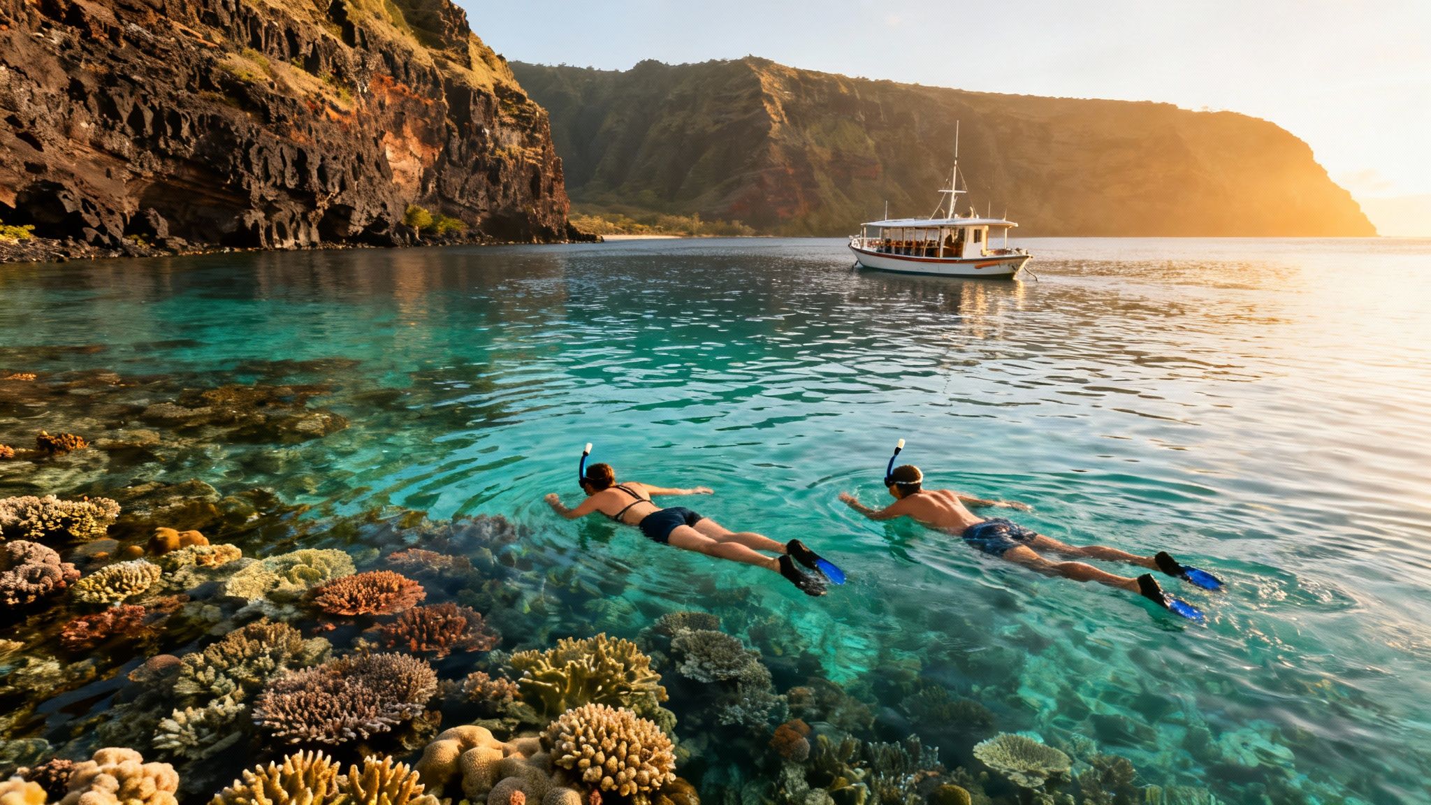 Two people snorkeling over a vibrant coral reef in clear blue water with a boat and scenic coastline at sunset.