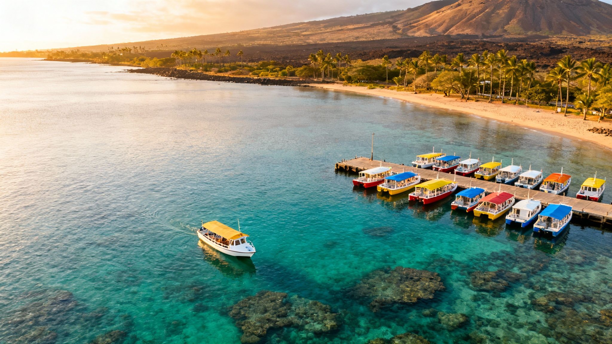 Vibrant aerial sunset of a Hawaiian bay, with colorful tour boats docked, one sailing on turquoise water.