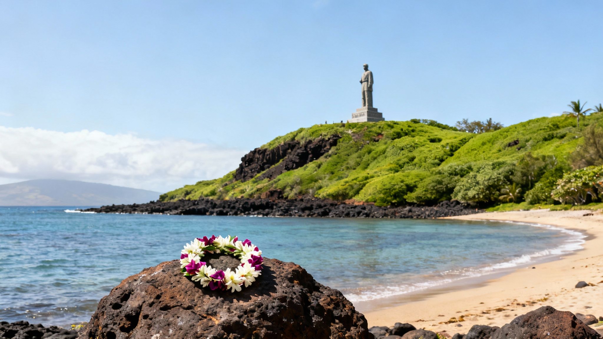 A colorful lei rests on a black rock by a calm bay with a statue on a lush green hill.