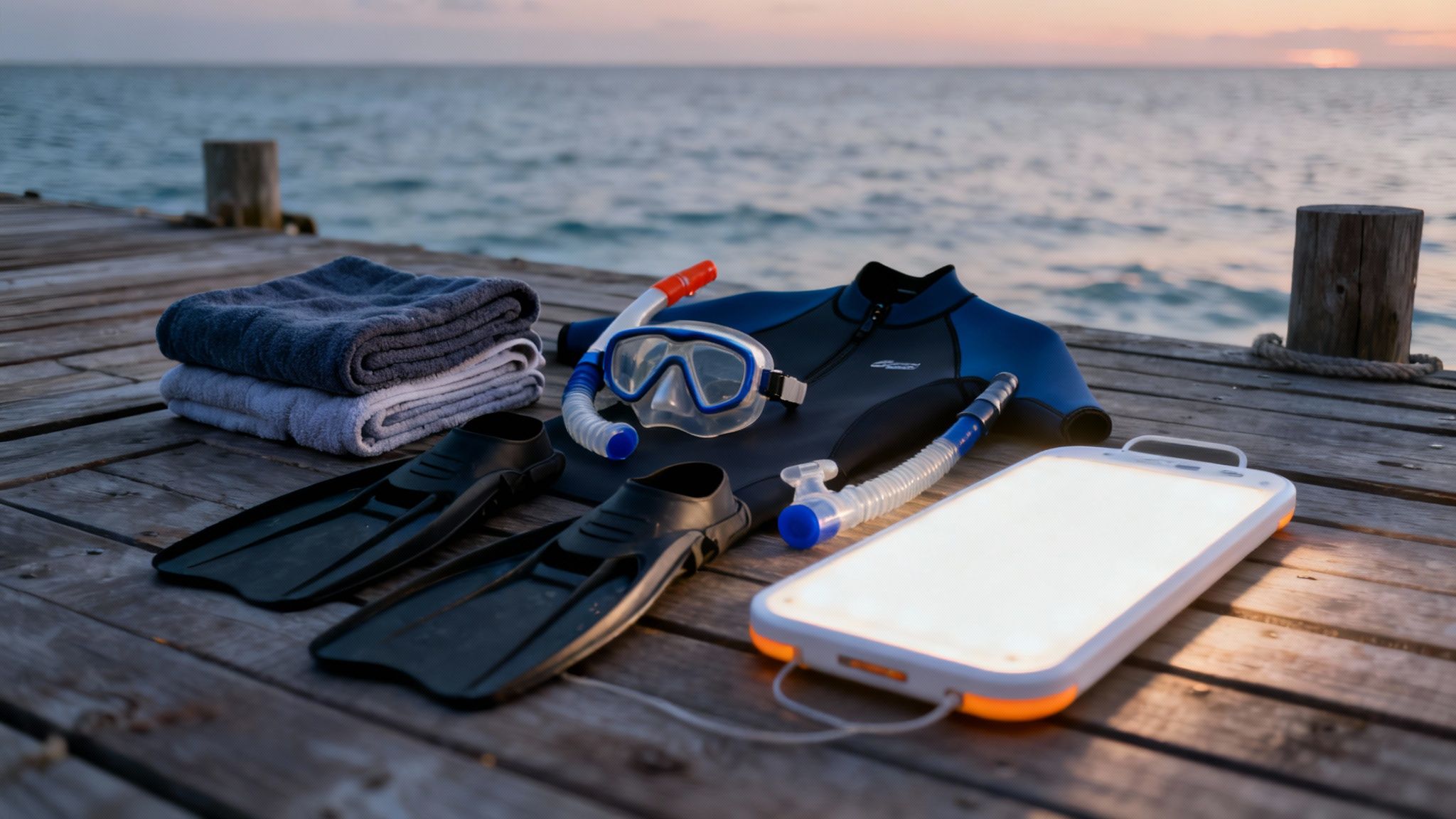 Snorkeling gear including wetsuit, mask, snorkel, fins and towels arranged on wooden dock at sunset