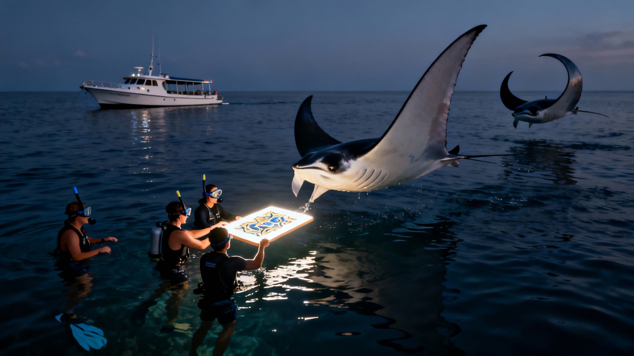 Snorkelers illuminate the ocean at night to attract majestic manta rays for an encounter.