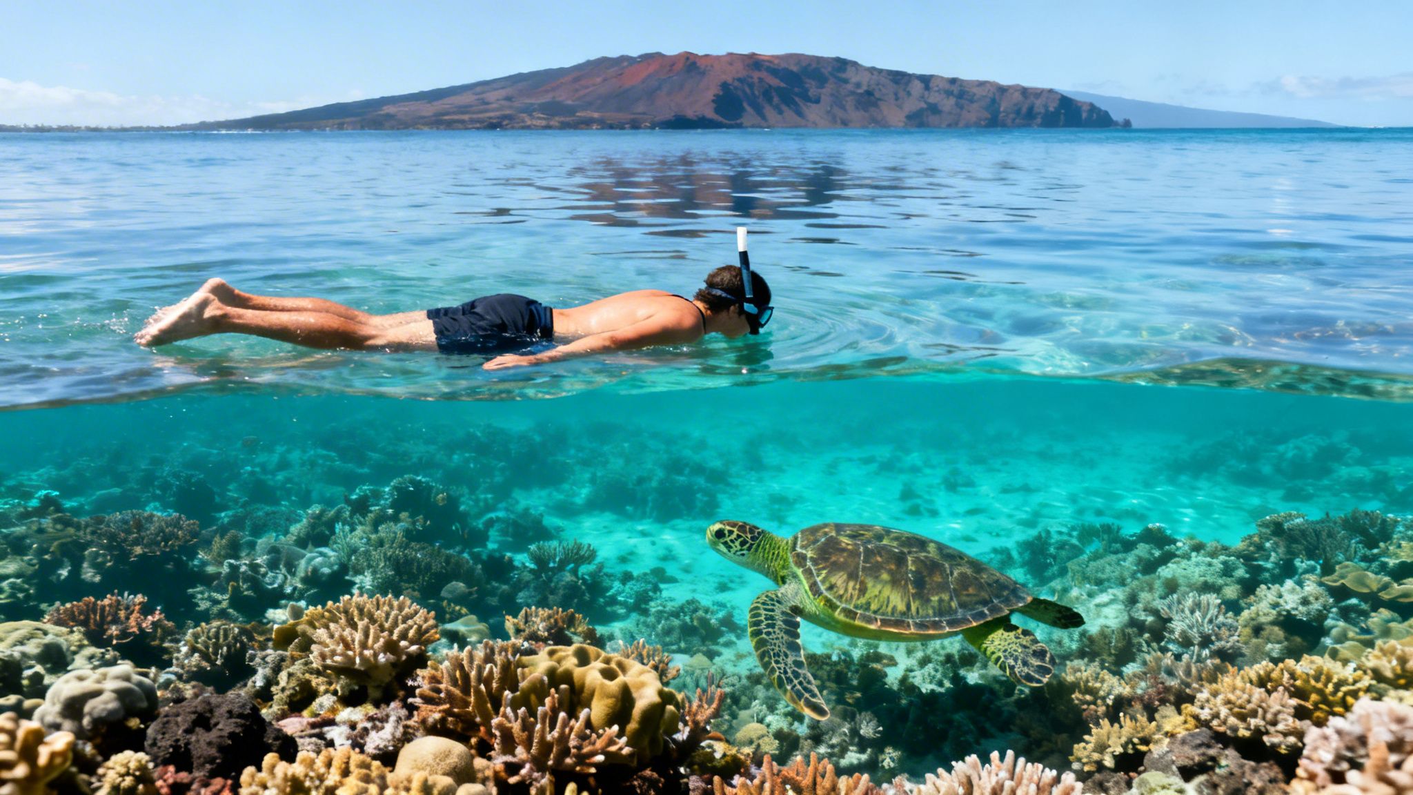Split-level view of a man snorkeling above a vibrant coral reef with a sea turtle swimming towards him.