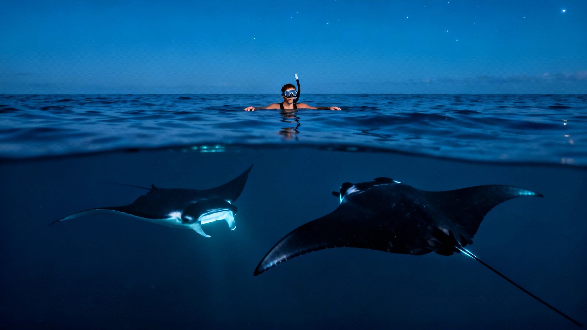 A person in a snorkel mask observes two glowing manta rays swimming underwater at night.