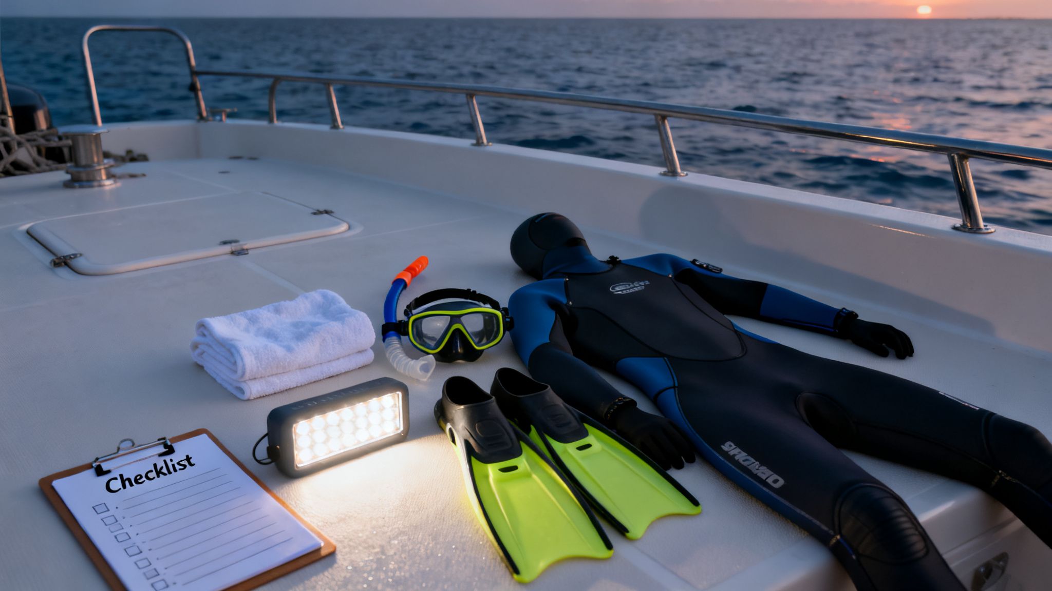 Snorkeling gear, including a wetsuit, mask, fins, and a checklist, laid out on a boat deck at sunset.