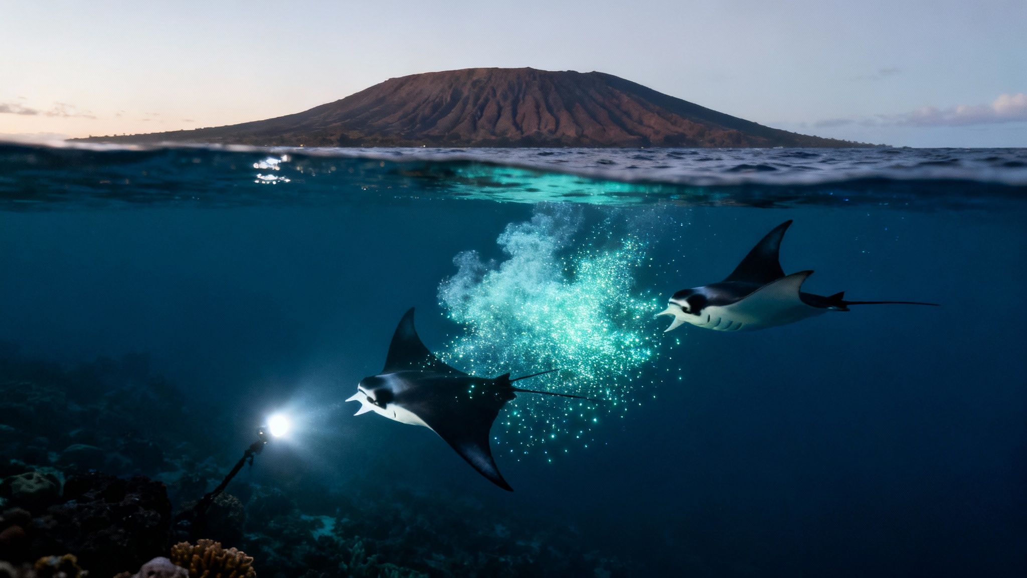 Two majestic manta rays feeding underwater at night, illuminated by light, with an island volcano above.