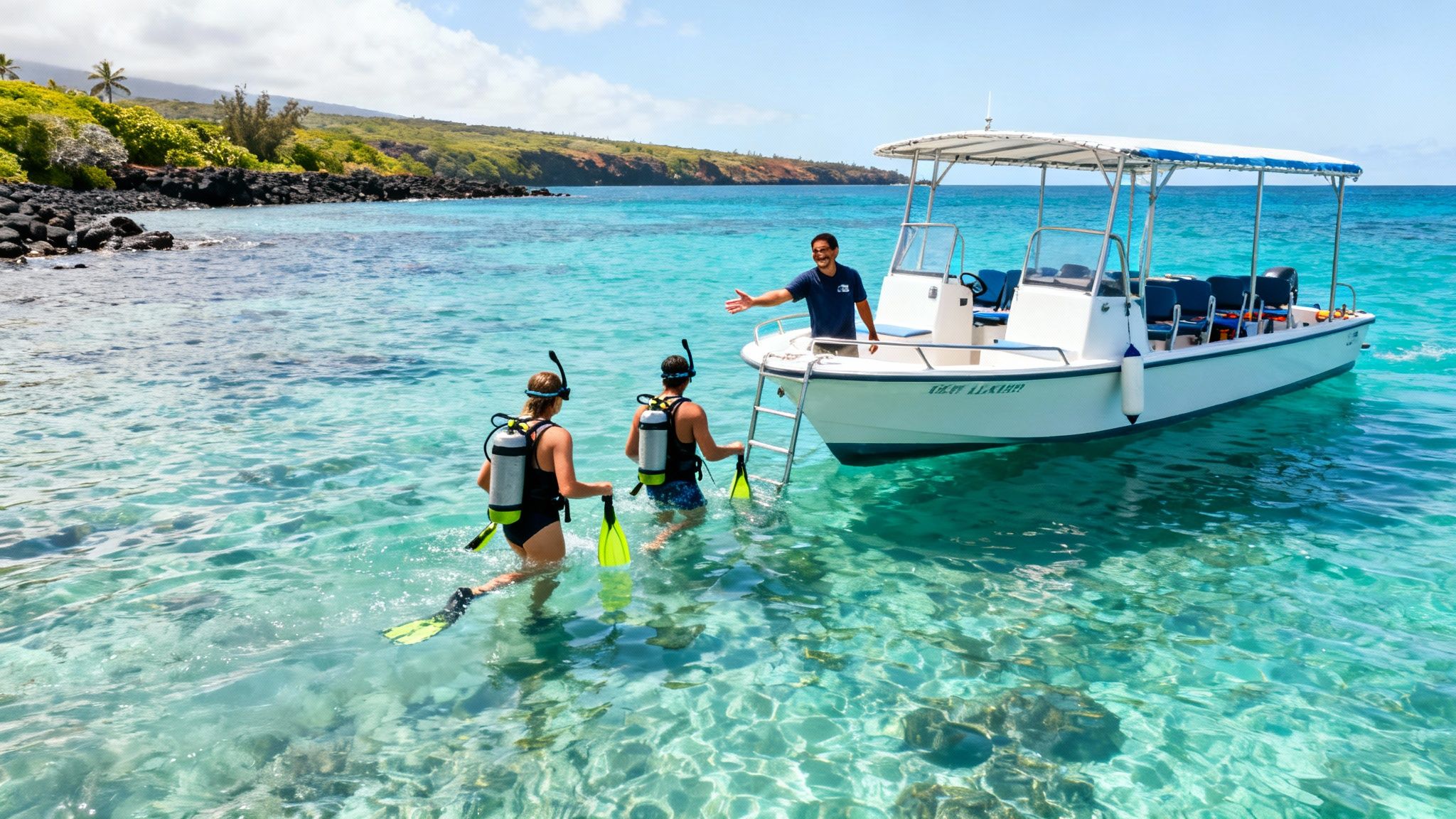 A boat captain greets two snorkelers with fins and tanks in clear turquoise water near a lush tropical coast.