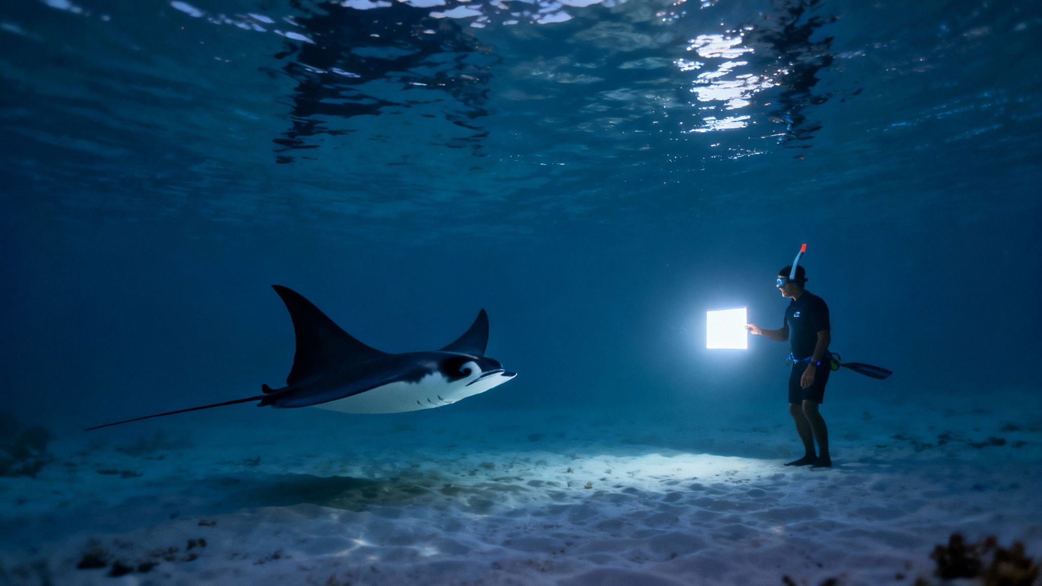 A diver illuminates a majestic manta ray with a bright light during a dark underwater encounter.