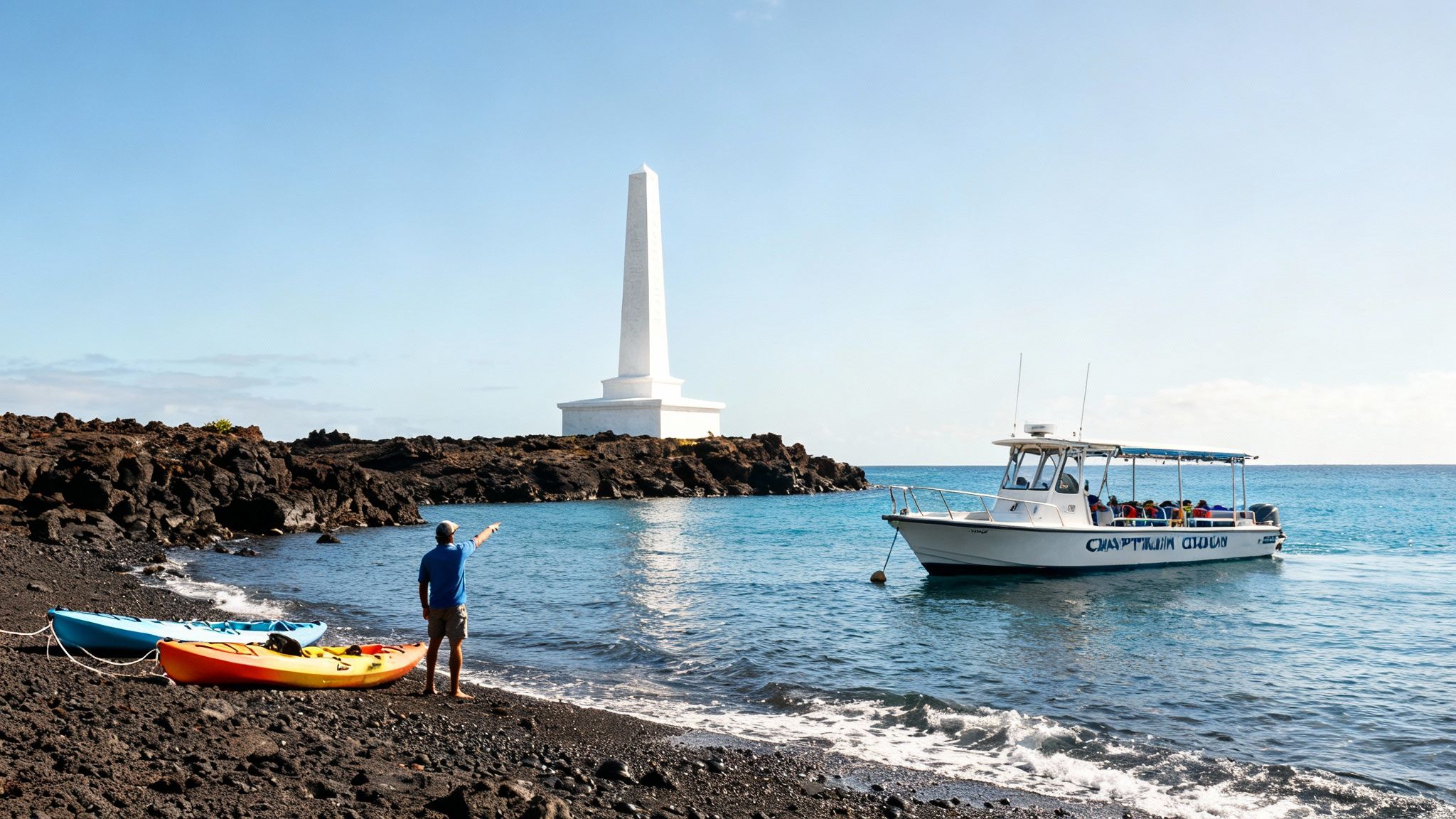 A man points to the white Captain Cook Monument on a rocky shore with kayaks and a boat.