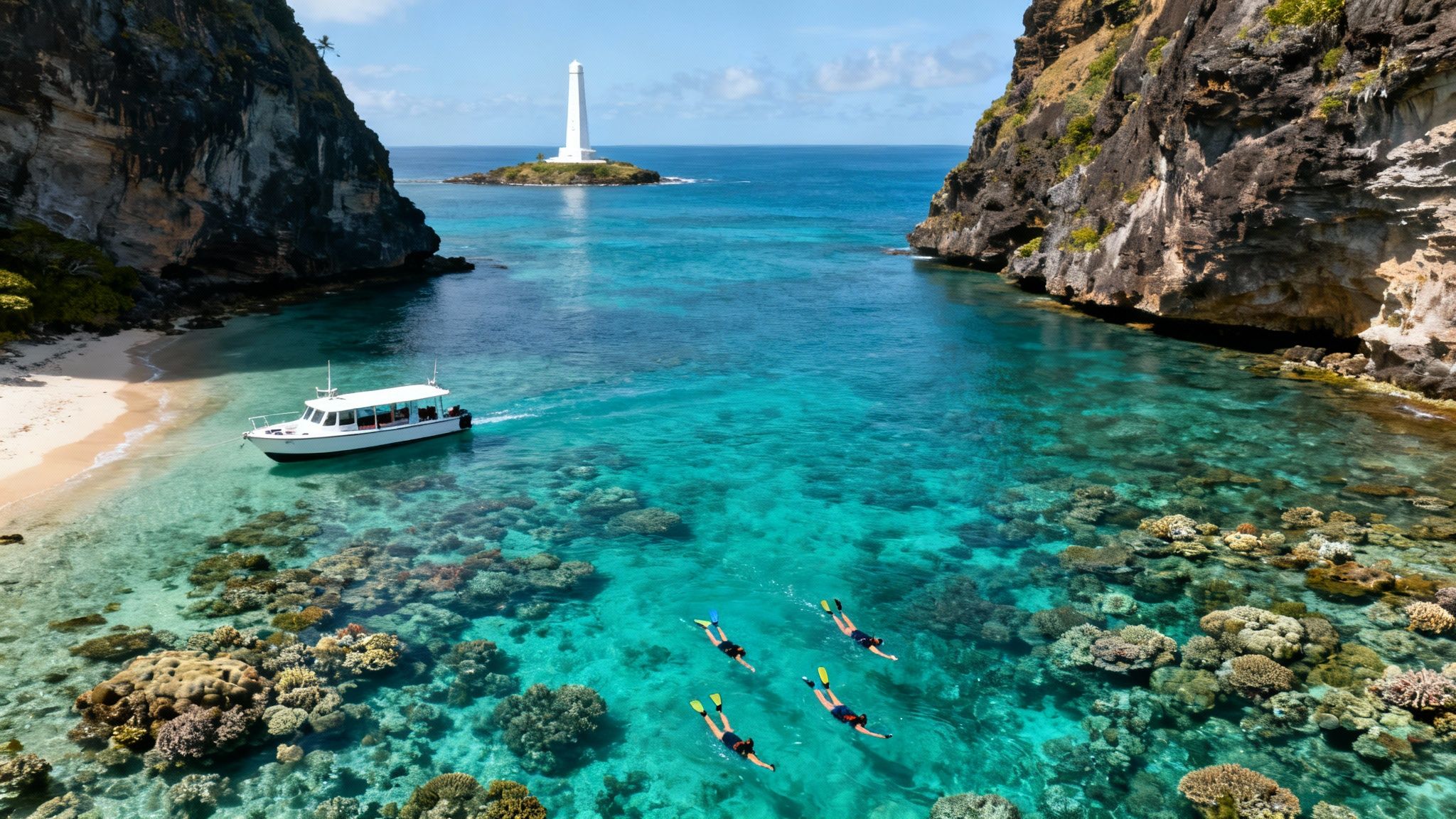 Stunning aerial view of a vibrant coral reef, snorkelers, a boat, beach, and a distant lighthouse.