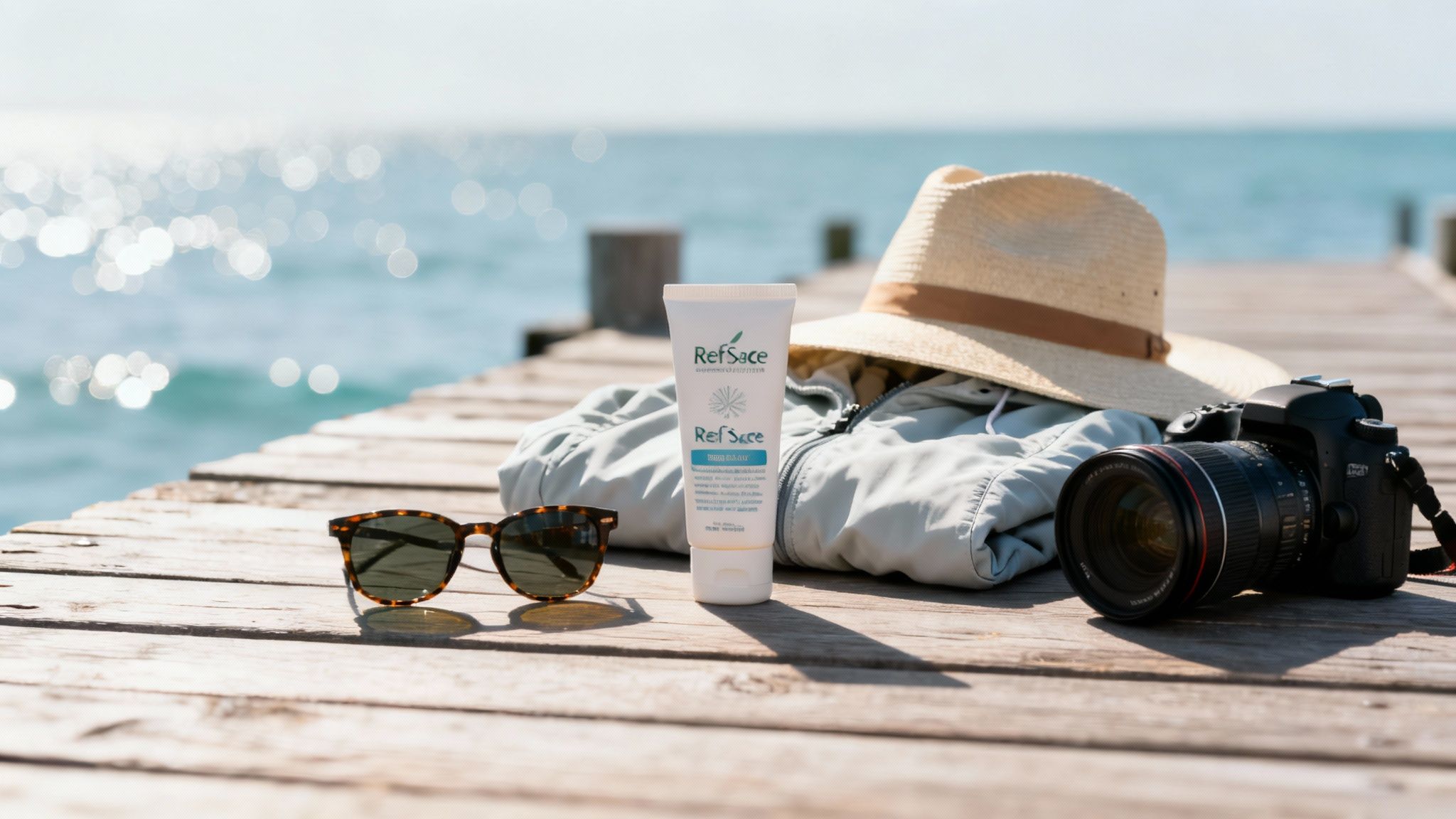 Travel essentials including sunglasses, sunscreen, a hat, and a camera on a wooden pier by the ocean.