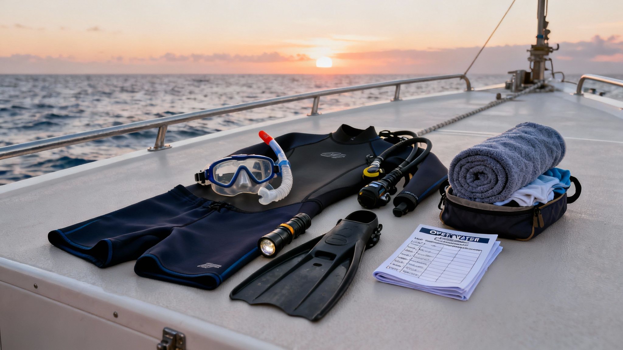 Scuba diving gear laid out on a boat deck with an ocean sunset in the background.