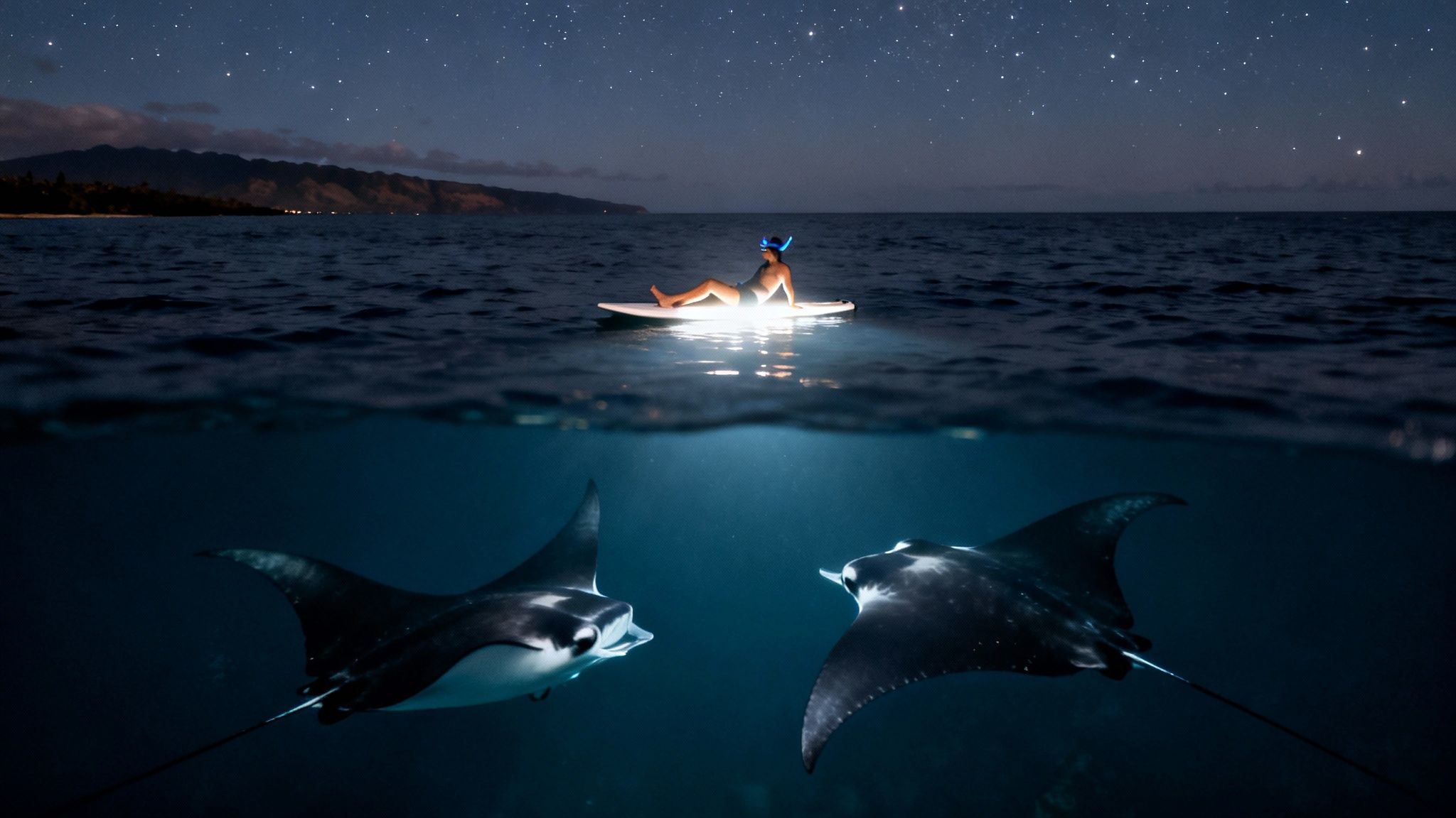 A split image shows a person on a glowing paddleboard under a starry sky, with two manta rays swimming beneath.