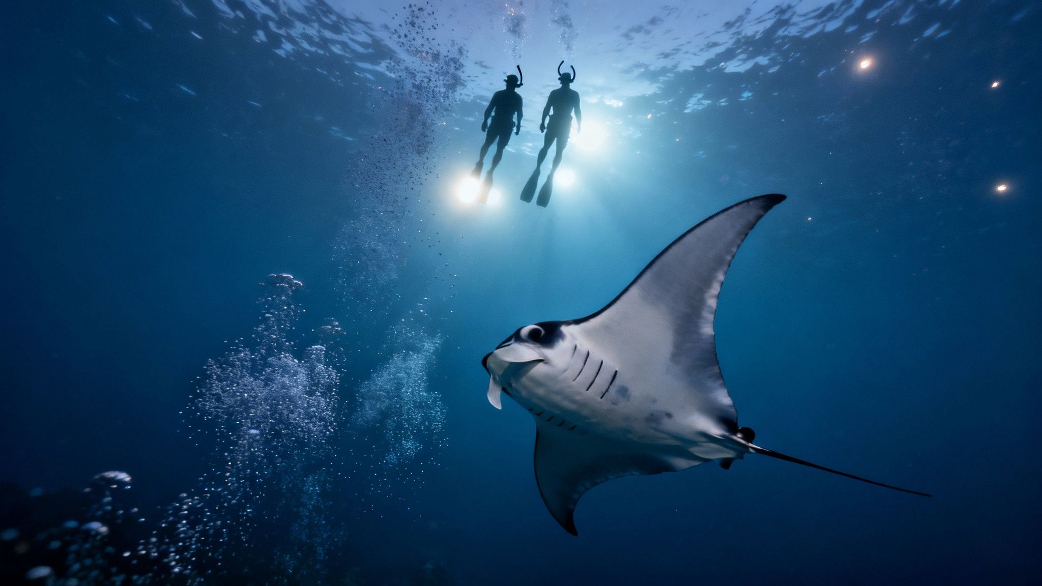 Several giant manta rays swim gracefully in dark water, illuminated by bright blue lights from below.