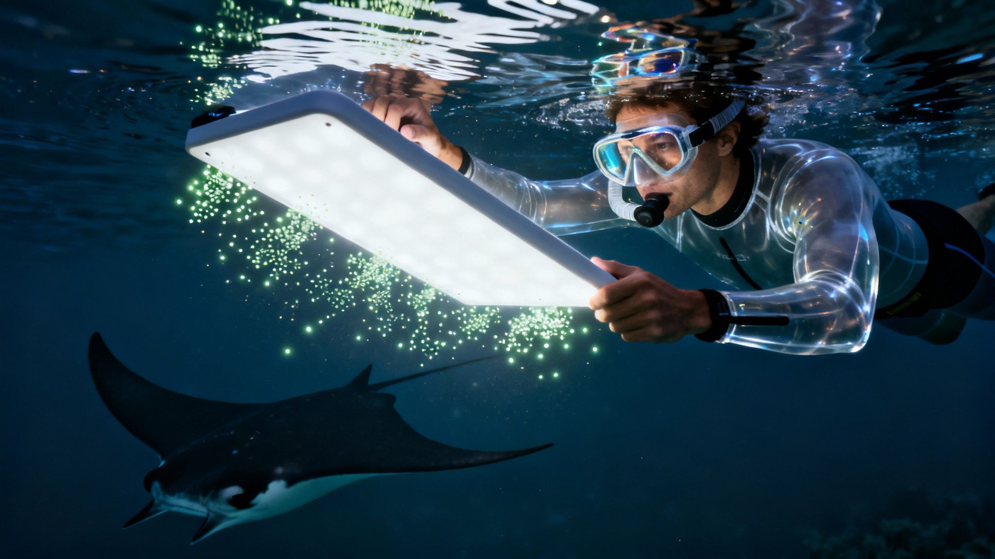 Diver with a glowing panel attracting a majestic manta ray underwater.