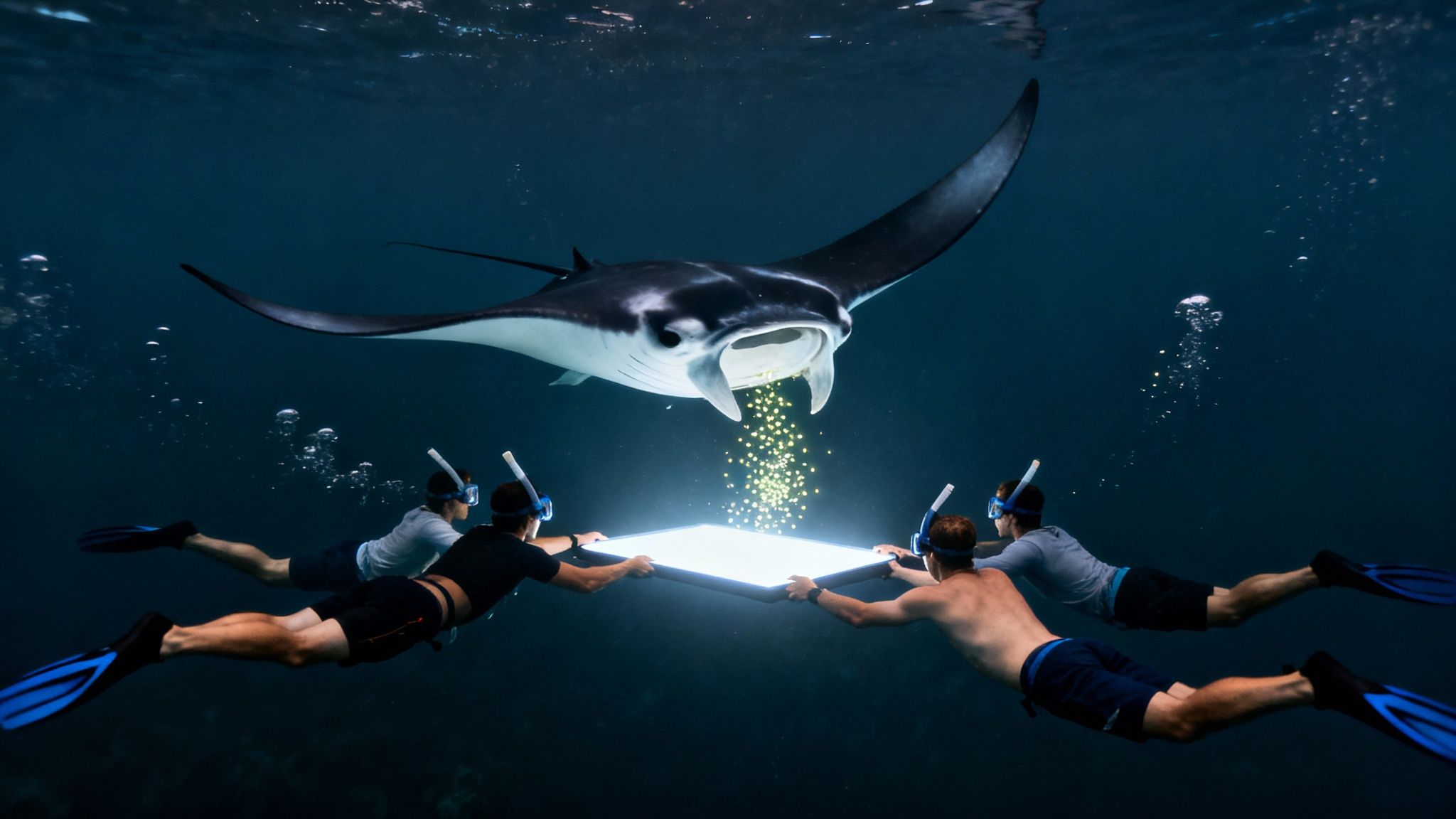 Four snorkelers hold a glowing light attracting a large manta ray with glowing particles underwater.