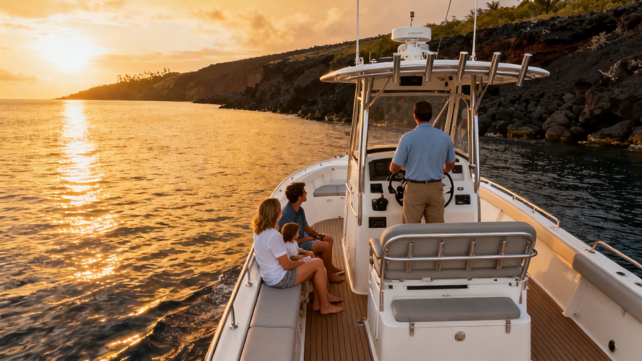 A family enjoys a boat ride on golden water at sunset near a rocky coastline.