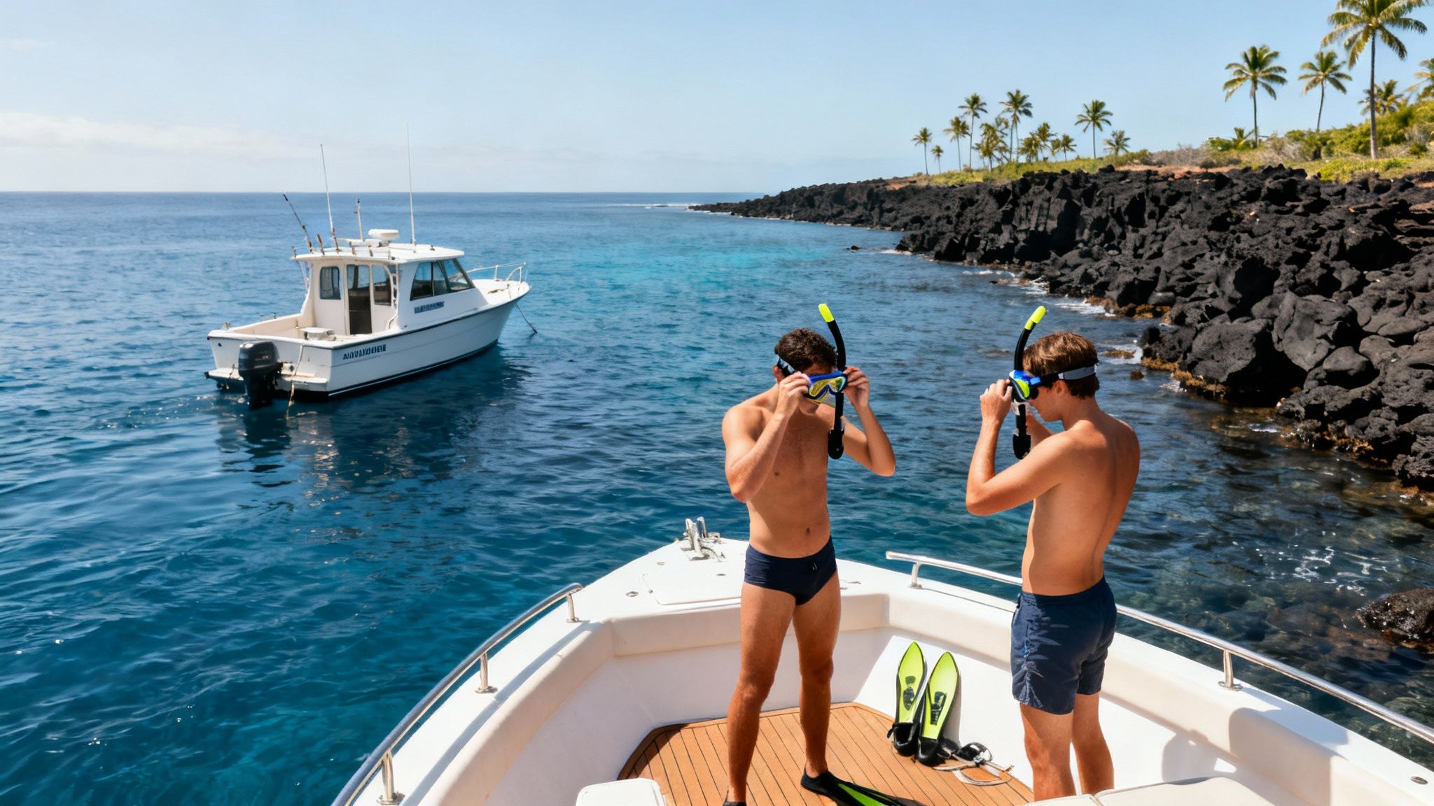Two men on a boat prepare to snorkel in clear blue waters near a tropical island.