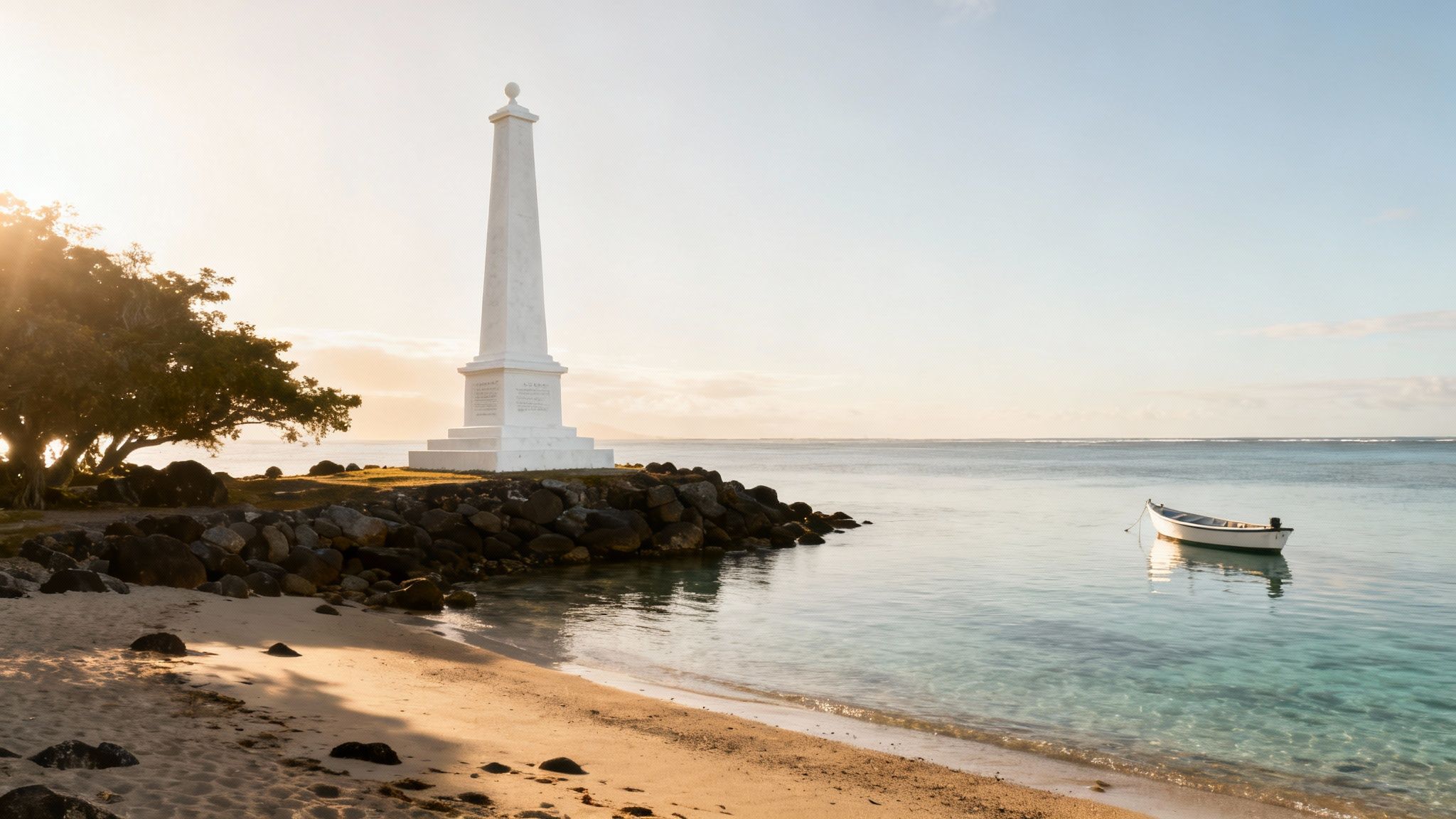 A serene coastal scene with a white obelisk monument, a small boat on clear blue water, and a sandy beach at sunset.