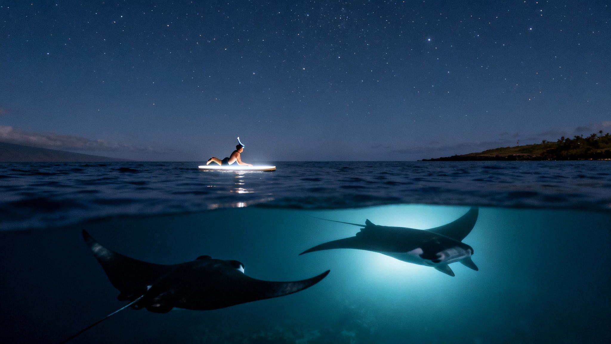 A person on an illuminated paddleboard under a starry sky, with two manta rays swimming below.