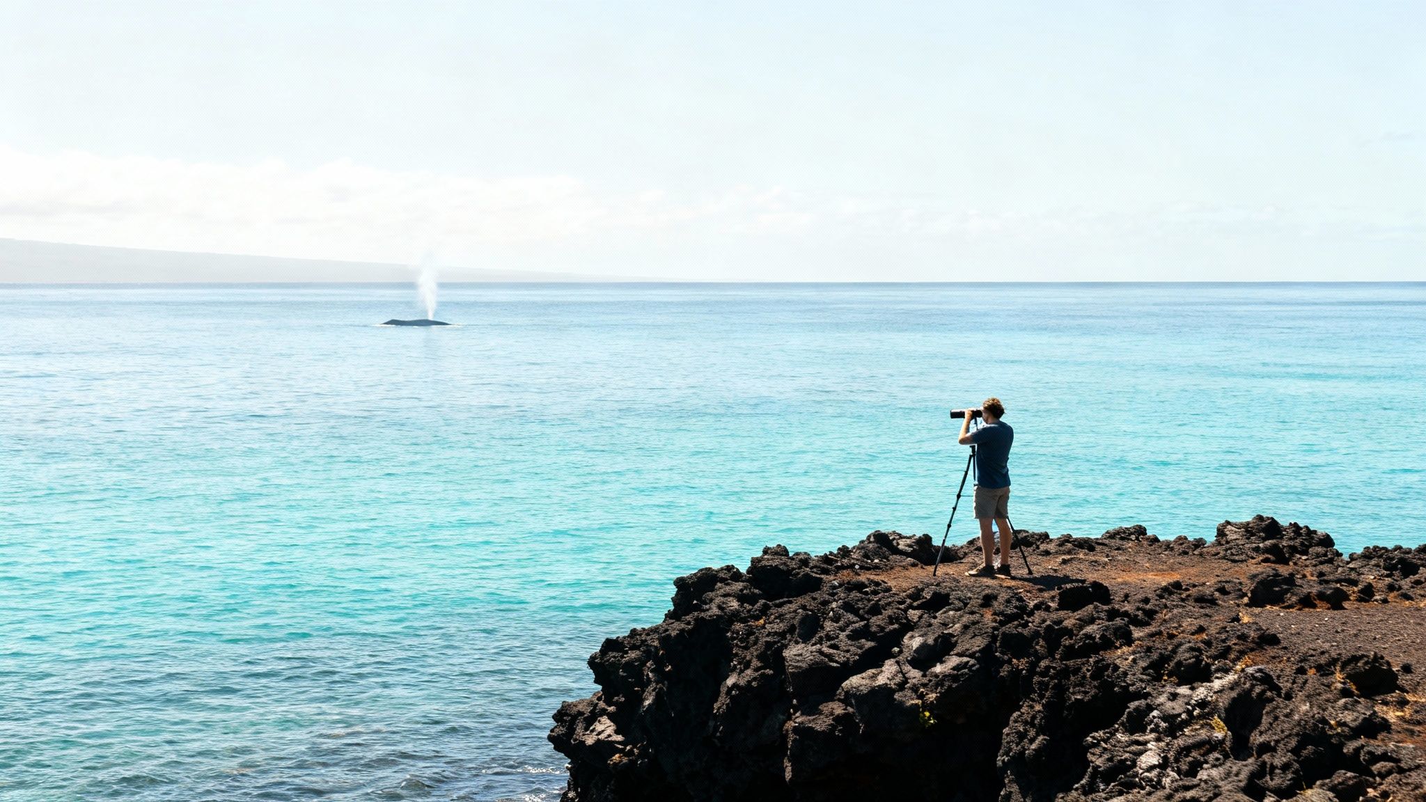 A person on a rocky cliff photographs a whale spouting water in the vast blue ocean.