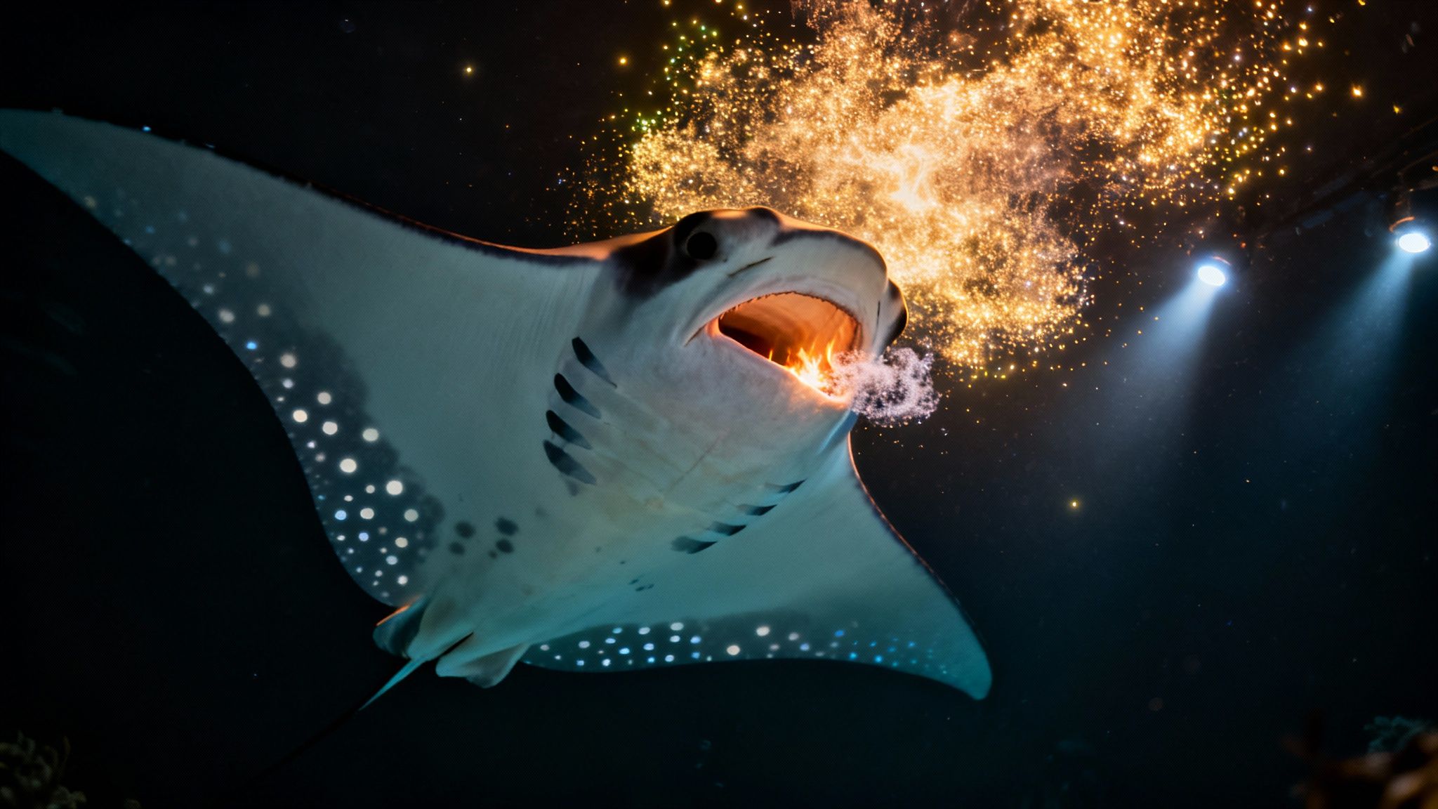 A majestic manta ray swims underwater with its mouth open, surrounded by glowing golden particles and spotlights.