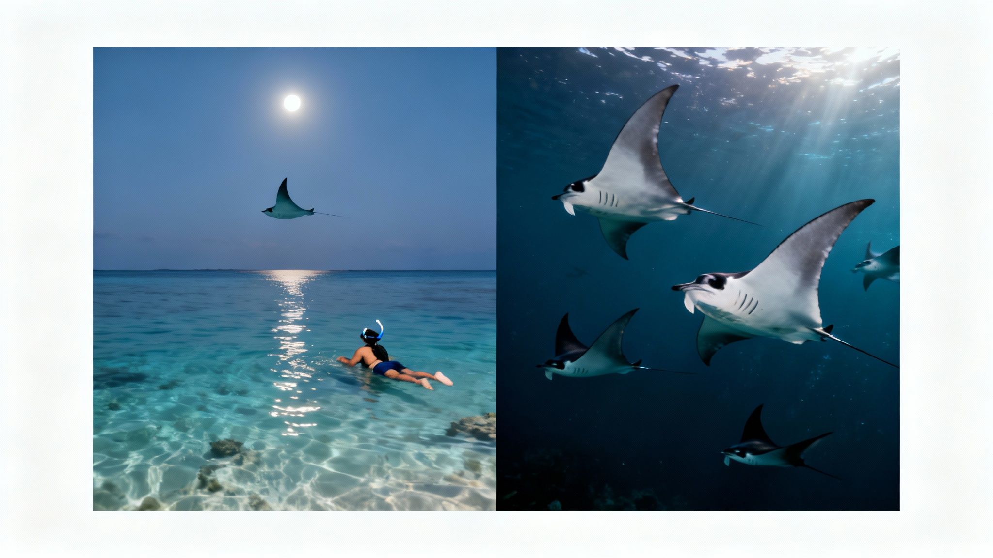 Left: Person snorkeling under moonlit sky with manta ray. Right: Multiple manta rays swimming underwater with sunrays.
