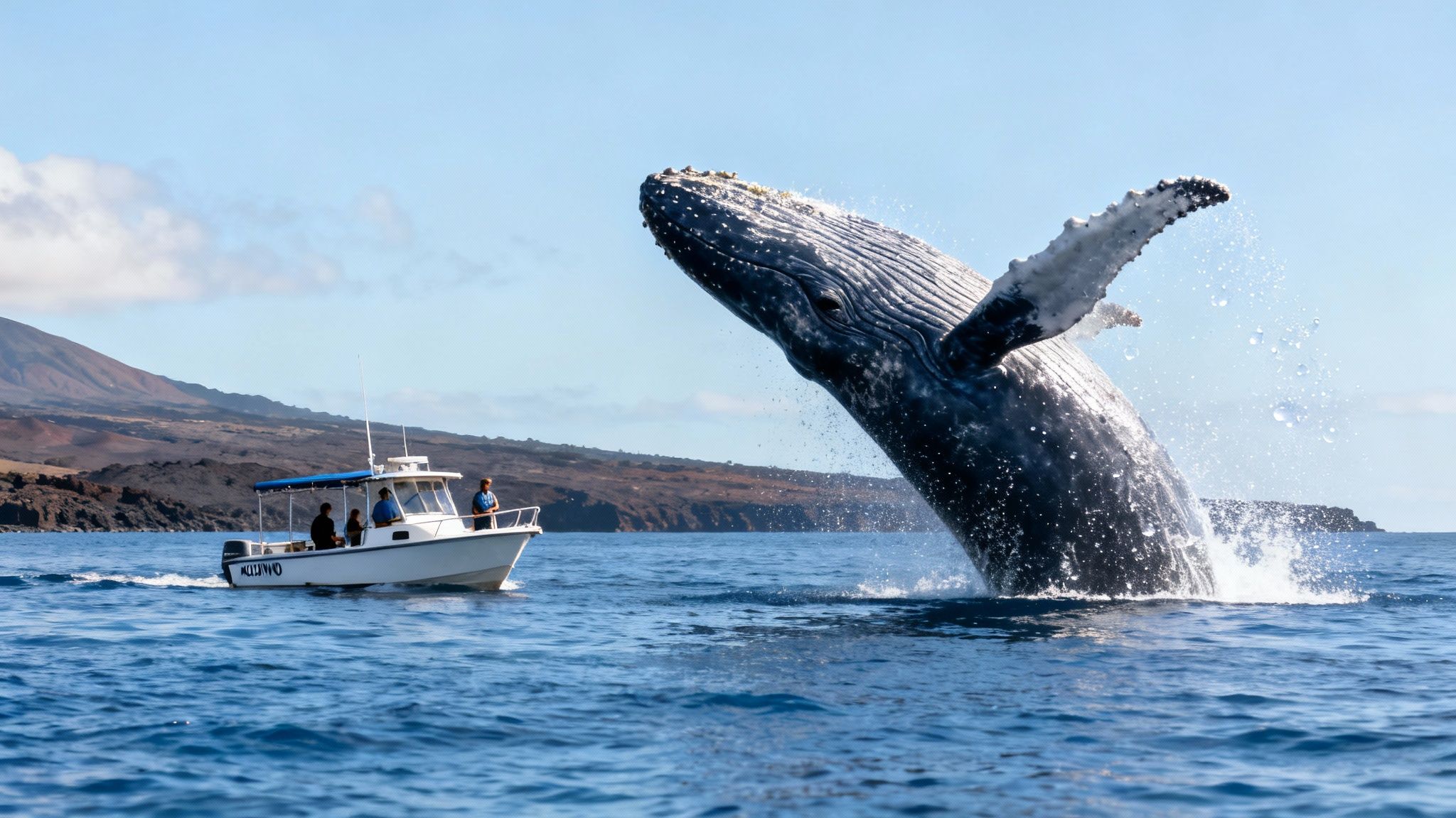 A massive humpback whale breaches, splashing water, near a small whale-watching boat with people and a volcanic island.