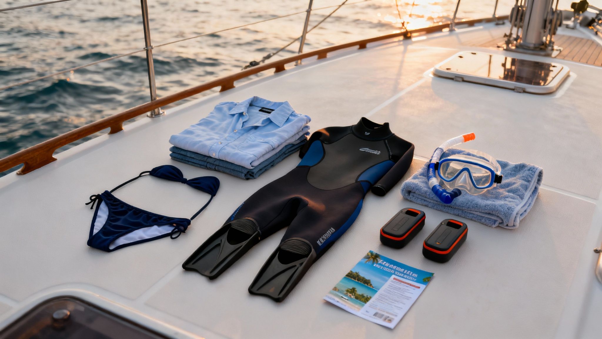 A snorkeler getting ready with gear on a boat deck before a night snorkel.
