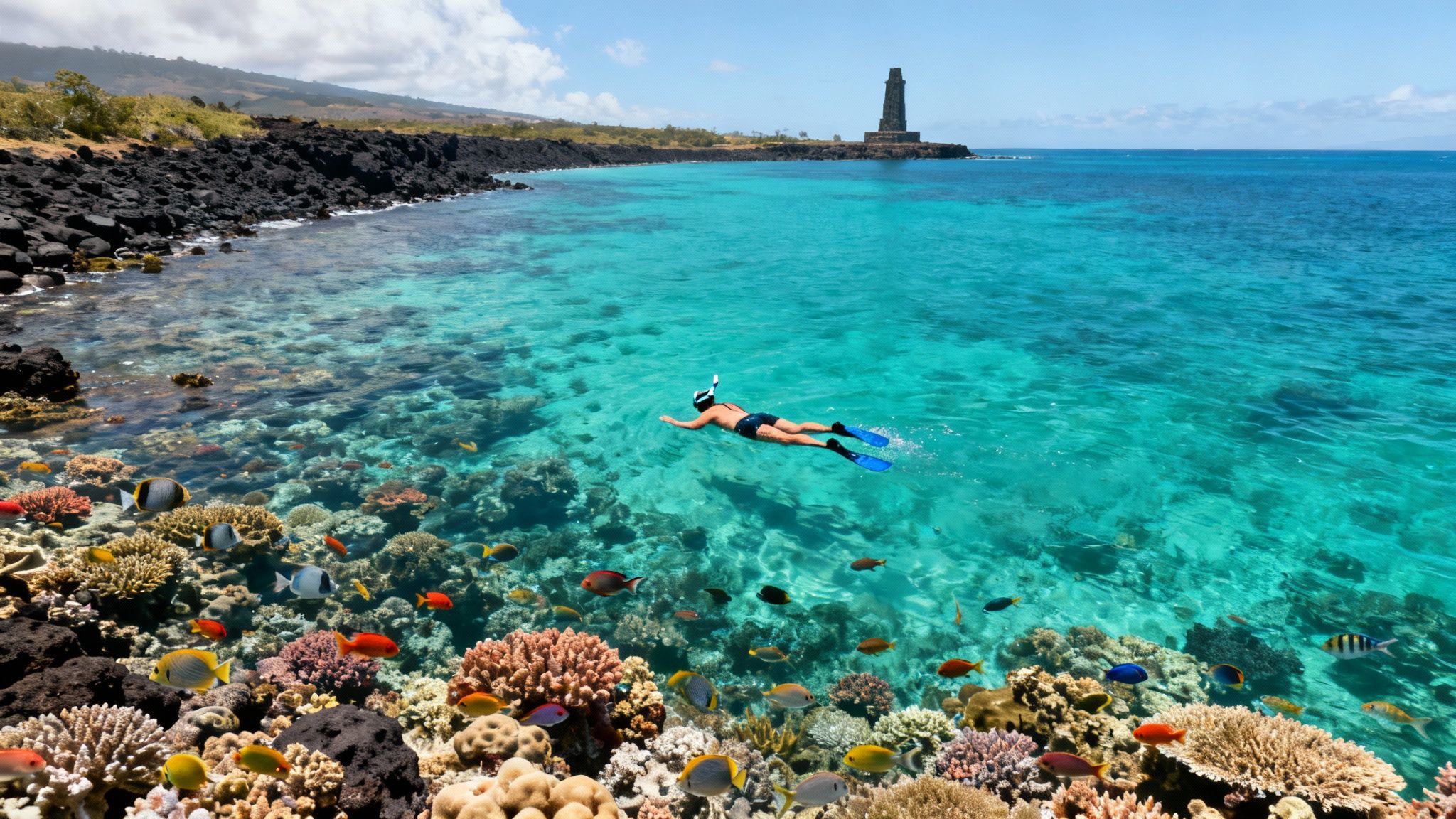 Snorkeler observes colorful fish and coral reef near a volcanic coast and old lighthouse tower.